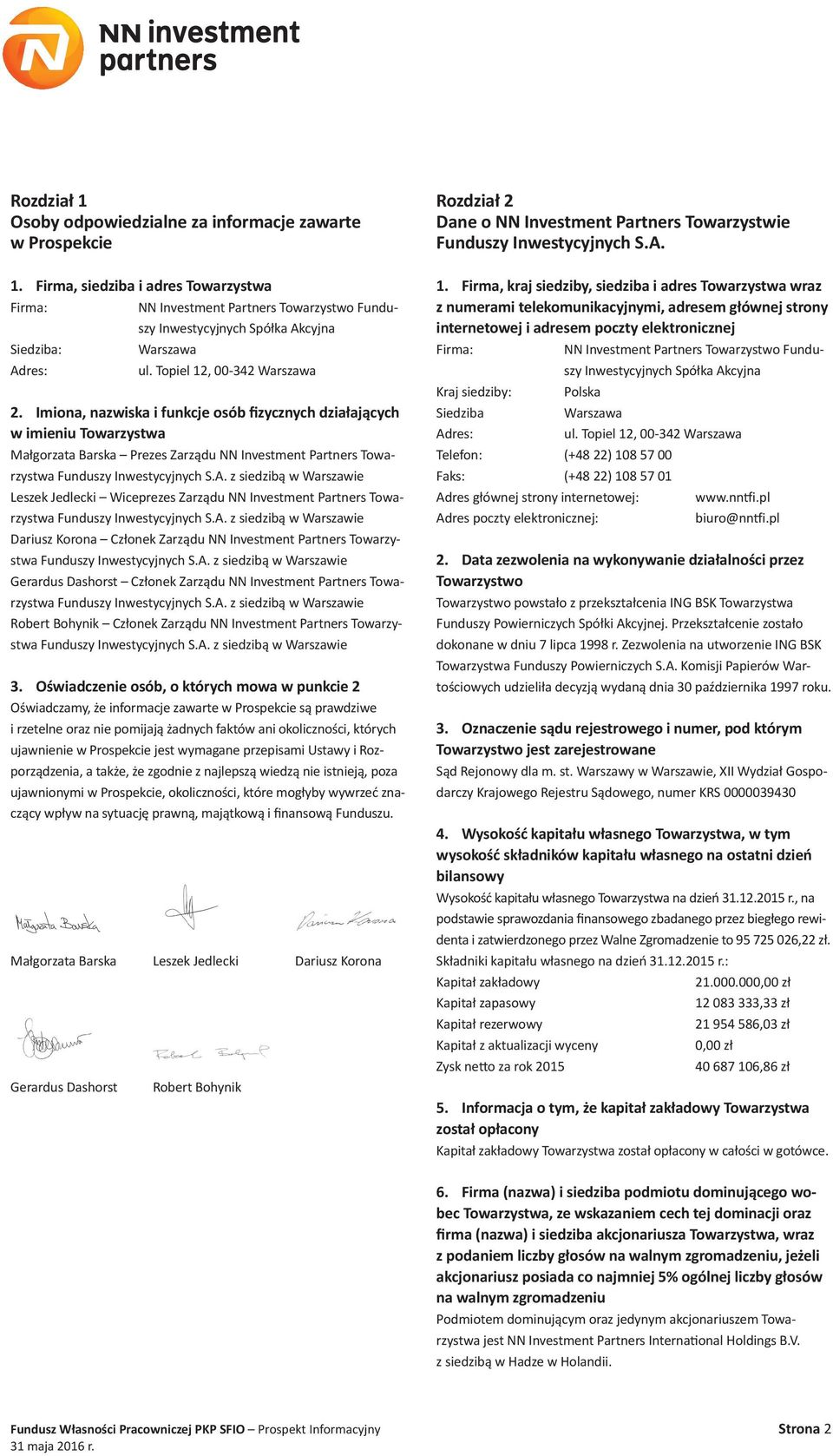 Imiona, nazwiska i funkcje osób fizycznych działających w imieniu Towarzystwa Małgorzata Barska Prezes Zarządu NN Investment Partners Towarzystwa Funduszy Inwestycyjnych S.A.