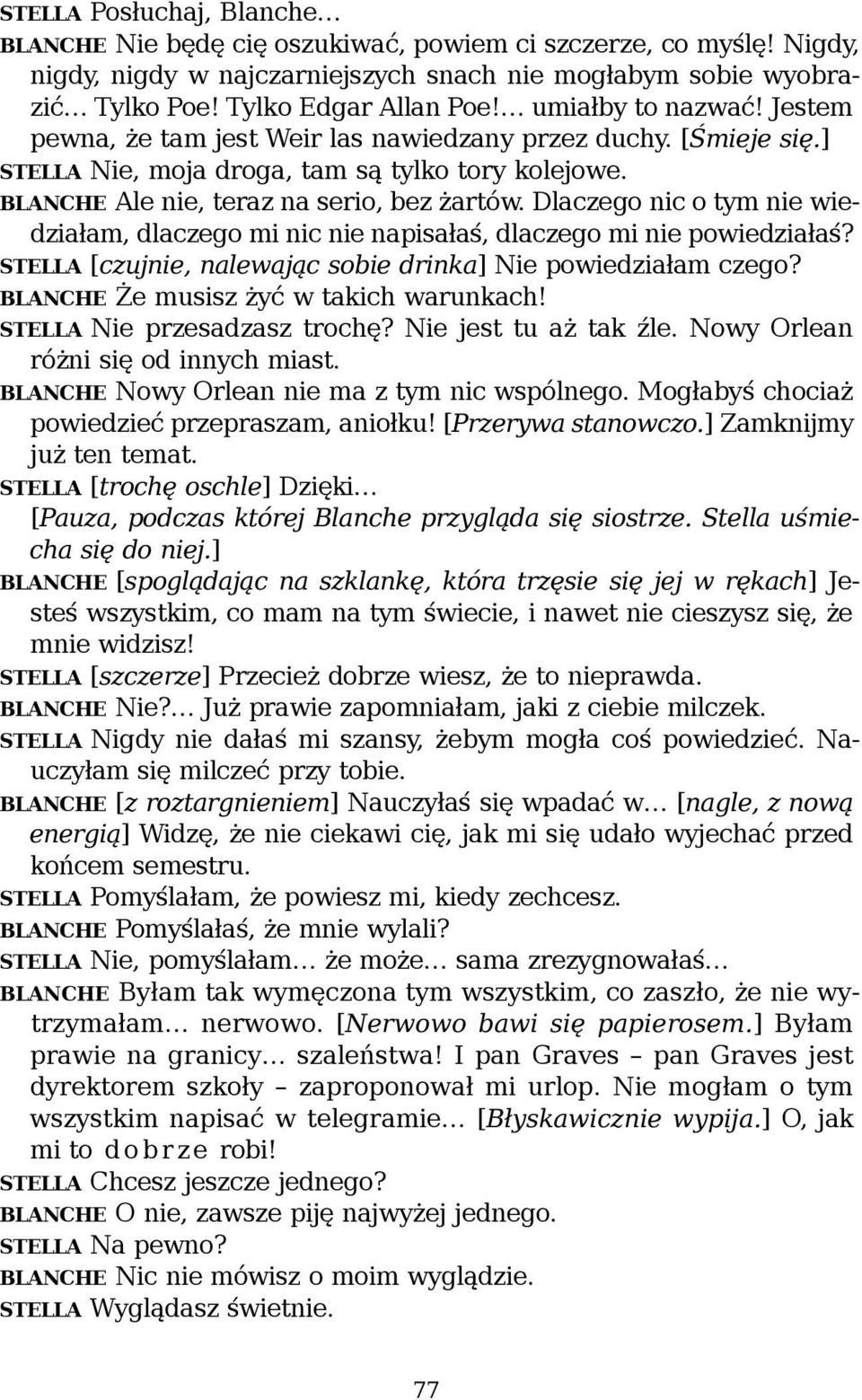 Dlaczego nic o tym nie wiedziałam, dlaczego mi nic nie napisałaś, dlaczego mi nie powiedziałaś? STELLA [czujnie, nalewając sobie drinka] Nie powiedziałam czego?