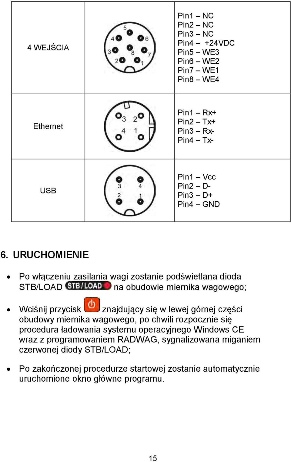 URUCHOMIENIE Po włączeniu zasilania wagi zostanie podświetlana dioda STB/LOAD na obudowie miernika wagowego; Wciśnij przycisk znajdujący się w lewej