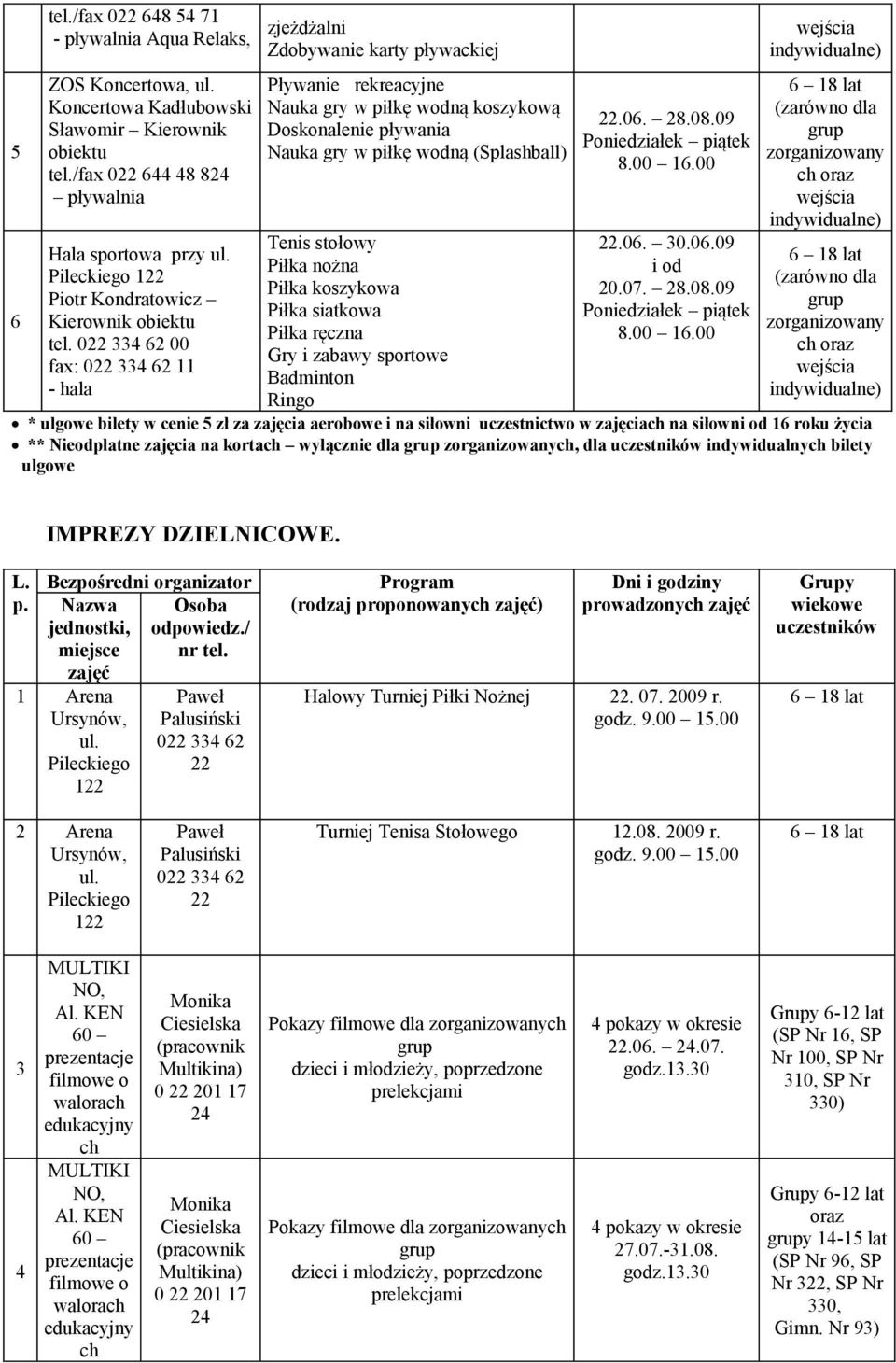 022 4 62 00 fax: 022 4 62 11 - hala zjeżdżalni Zdobywanie karty pływackiej Pływanie rekreacyjne Nauka gry w piłkę wodną koszykową Doskonalenie pływania Nauka gry w piłkę wodną (Splashball) Tenis