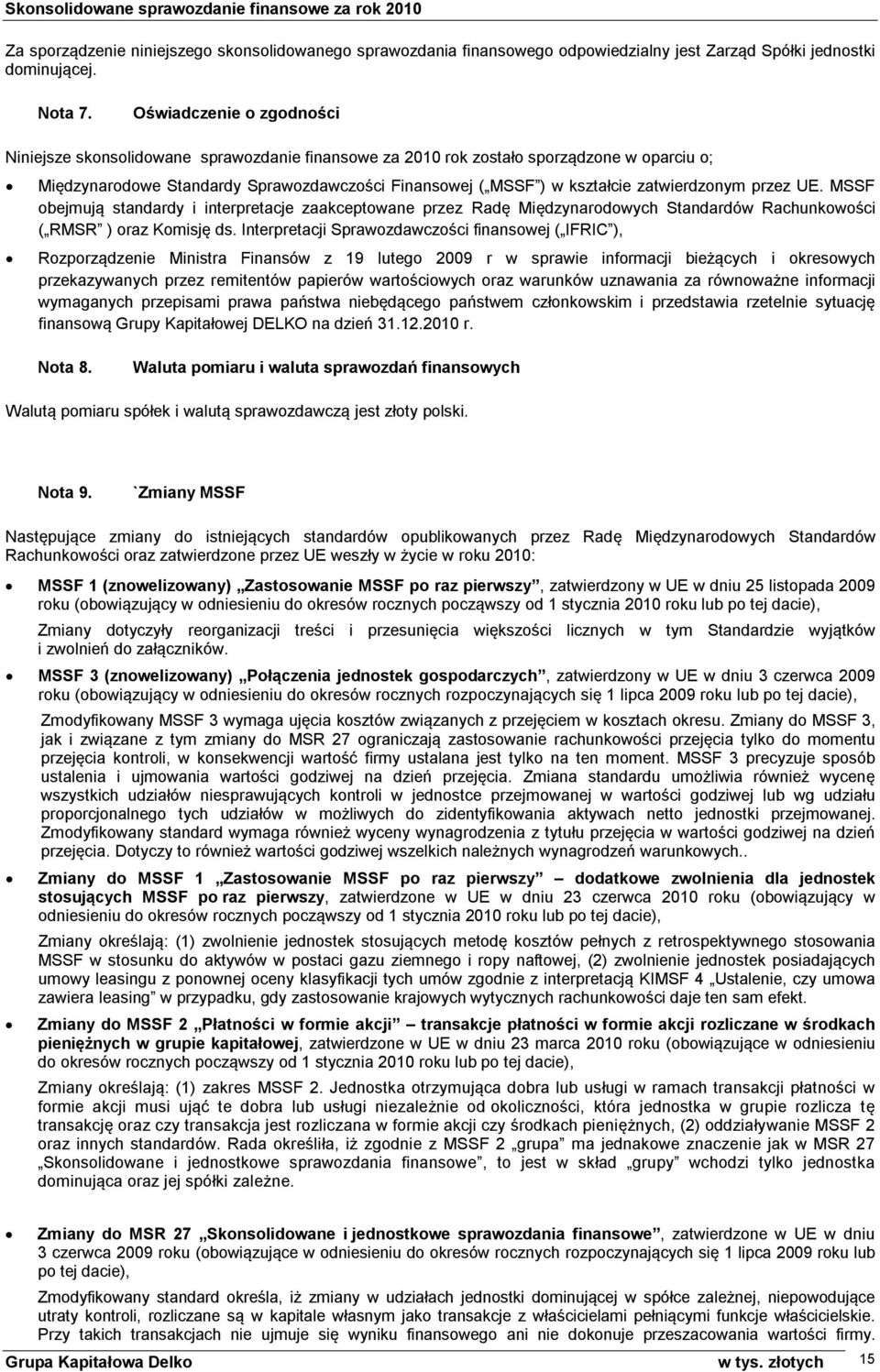 zatwierdzonym przez UE. MSSF obejmują standardy i interpretacje zaakceptowane przez Radę Międzynarodowych Standardów Rachunkowości ( RMSR ) oraz Komisję ds.