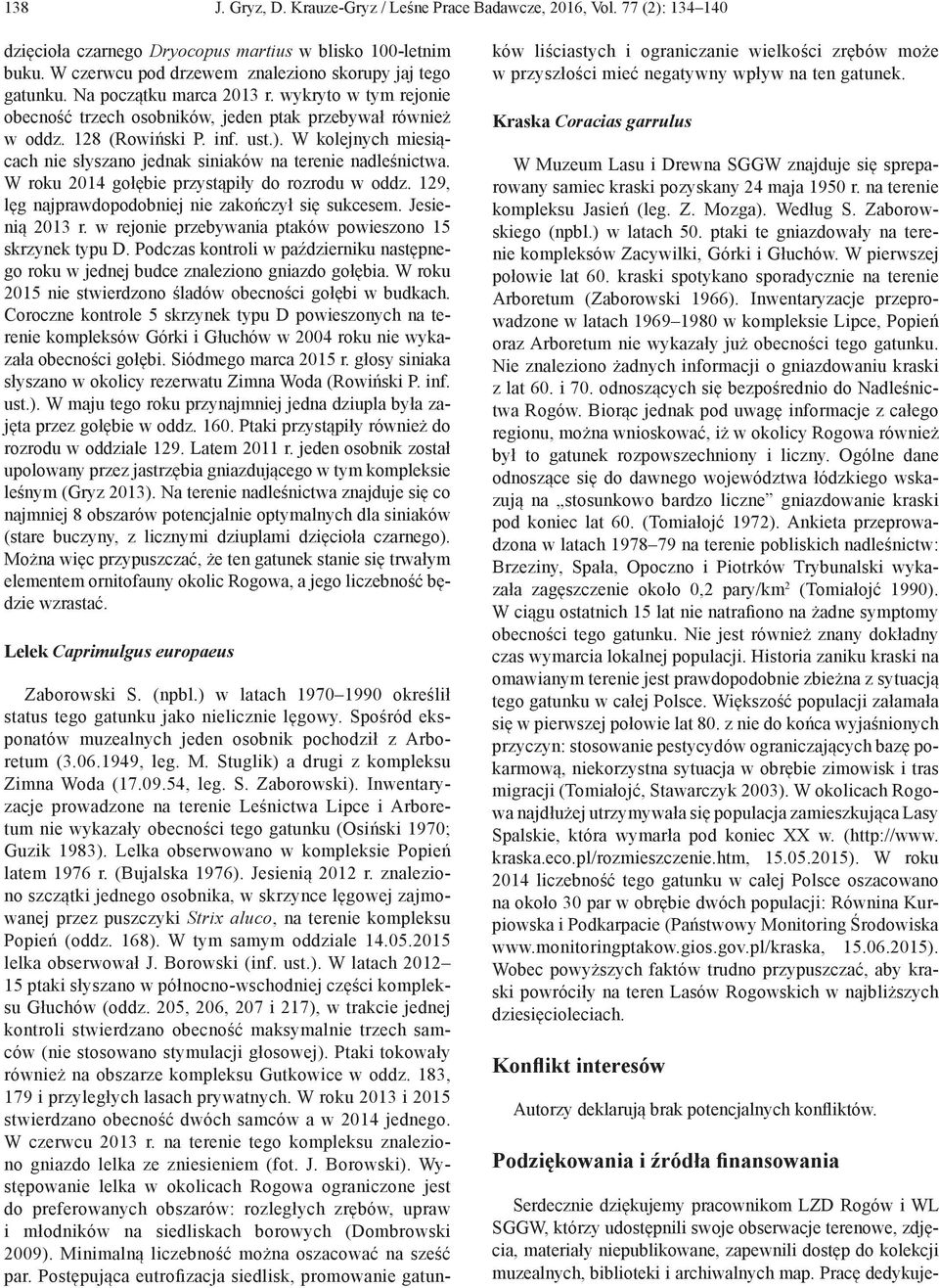 W kolejnych miesiącach nie słyszano jednak siniaków na terenie nadleśnictwa. W roku 2014 gołębie przystąpiły do rozrodu w oddz. 129, lęg najprawdopodobniej nie zakończył się sukcesem. Jesienią 2013 r.