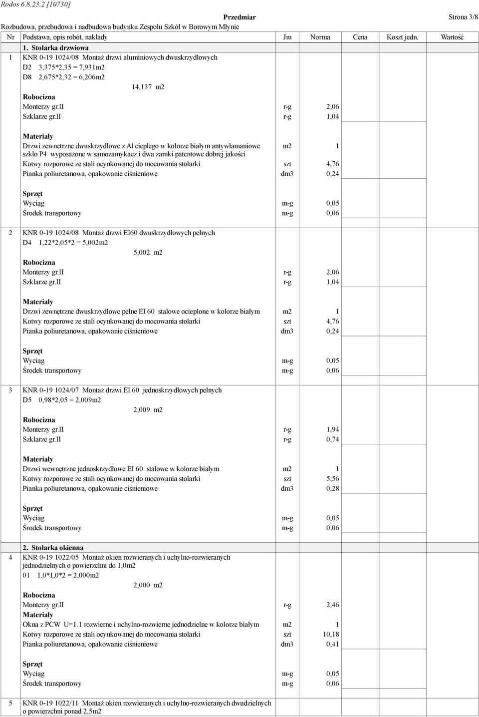 ii r-g 1,04 Drzwi zewnetrzne dwuskrzydłowe z Al ciepłego w kolorze białym antywłamaniowe m2 1 szkło P4 wyposażone w samozamykacz i dwa zamki patentowe dobrej jakości Kotwy rozporowe ze stali