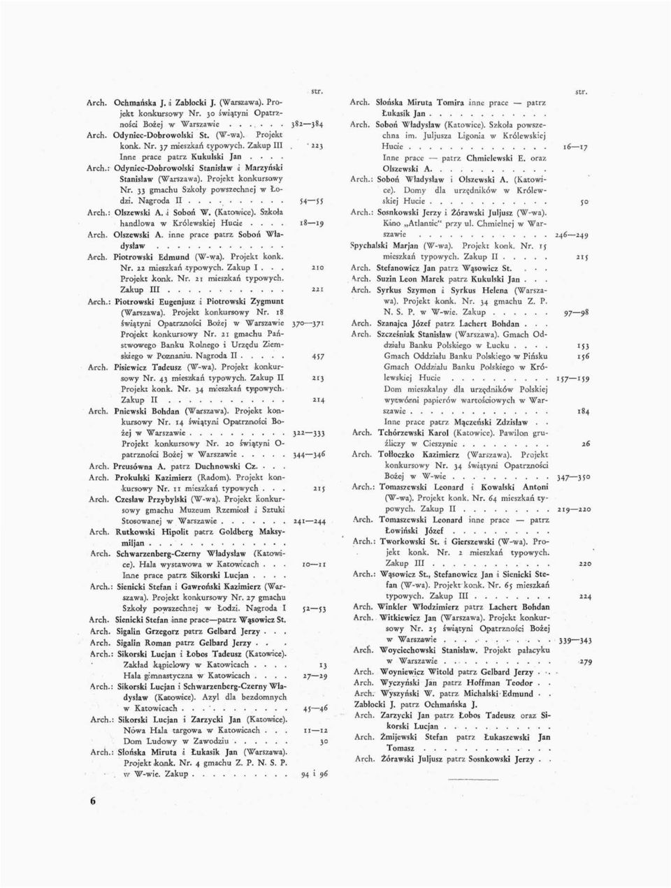 Nagroda II 54 55 Arch.: Olszewski A. i Soboń W. (Katowice). Szkoła handlowa w Królewskiej Hucie.... 18 19 Arch. Ołszewski A. inne prace patrz Soboń Władysław Arch. Piotrowski Edmund (W-wa).