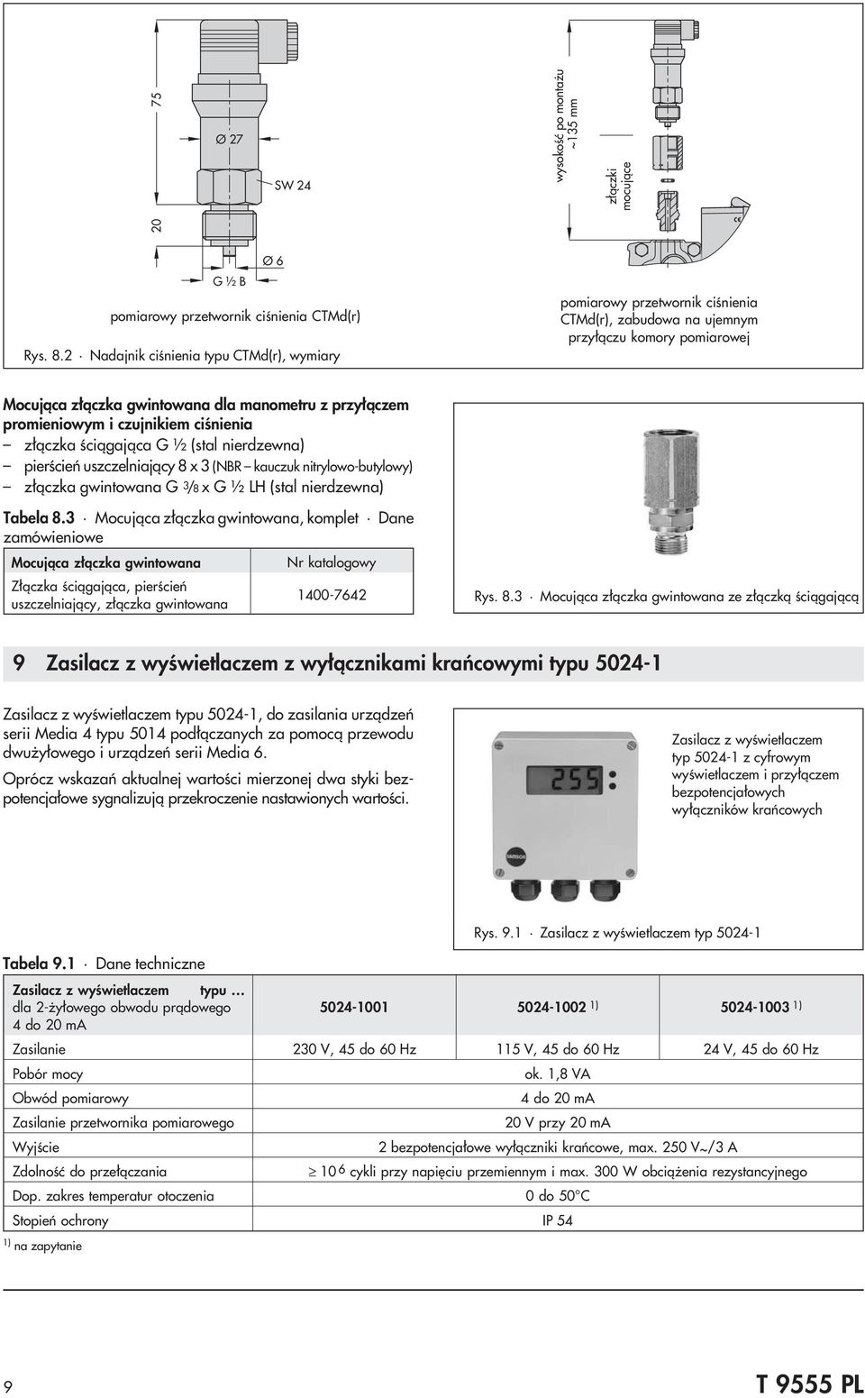 i czujnikiem ciœnienia z³¹czka œci¹gaj¹ca G ½ (stal nierdzewna) pierœcieñ uszczelniaj¹cy 8 x 3(NBR kauczuk nitrylowo-butylowy) z³¹czka gwintowana G 3 /8 x G ½ LH (stal nierdzewna) Tabela 8.