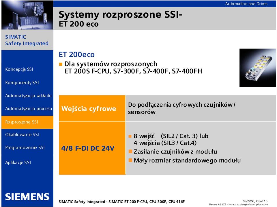 czujników / sensorów 8 wejść (SIL2 / Cat. 3) lub 4 wejścia (SIL3 / Cat.