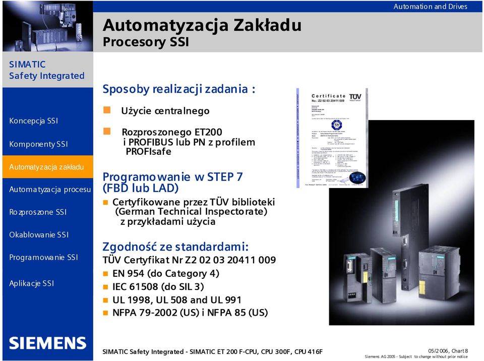 Inspectorate) z przykładami użycia Zgodność ze standardami: TÜV Certyfikat Nr Z2 02 03 20411 009 EN 954 (do Category