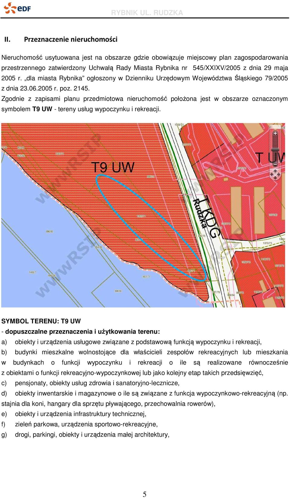 Zgodnie z zapisami planu przedmiotowa nieruchomość położona jest w obszarze oznaczonym symbolem T9 UW - tereny usług wypoczynku i rekreacji.