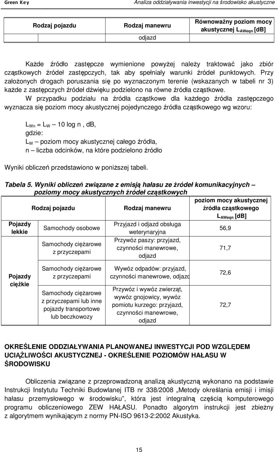 Przy założonych drogach poruszania się po wyznaczonym terenie (wskazanych w tabeli nr 3) każde z zastępczych źródeł dźwięku podzielono na równe źródła cząstkowe.