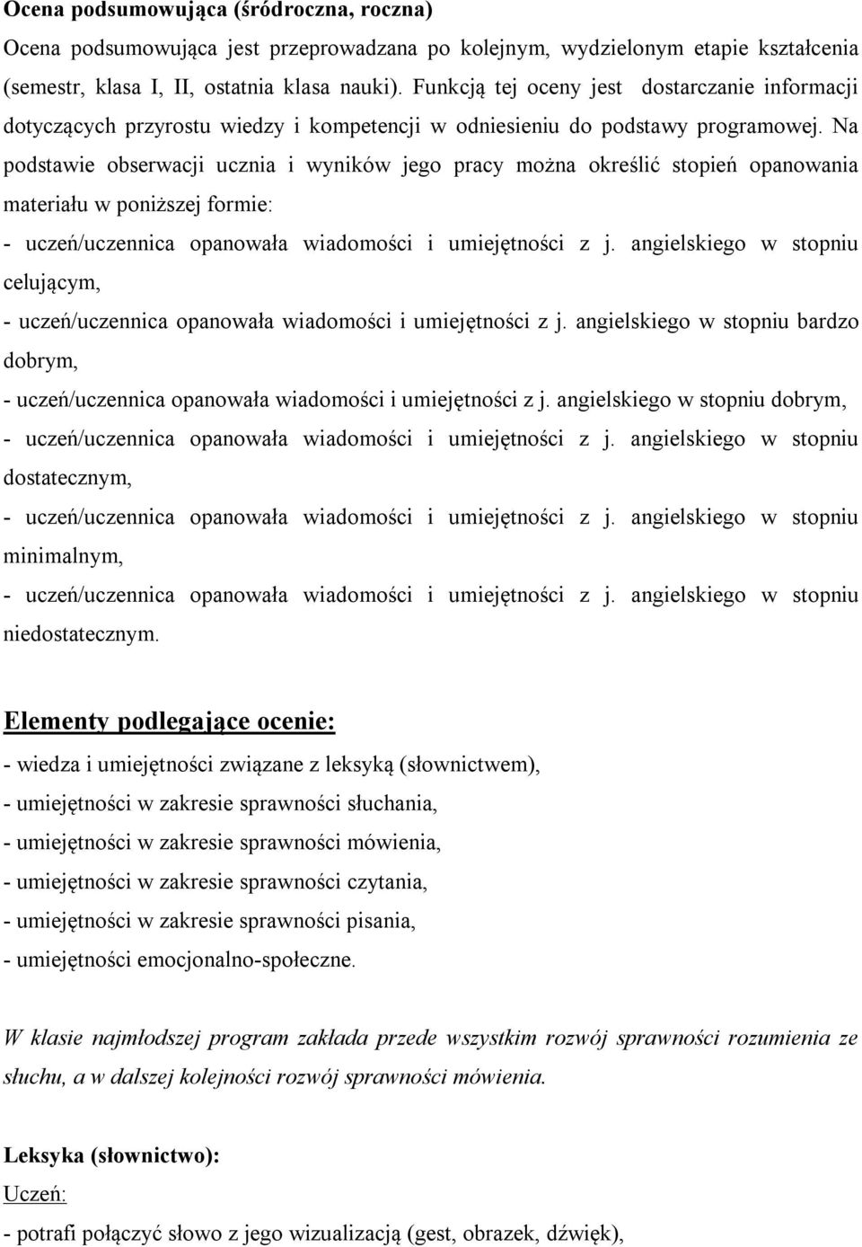 Na podstawie obserwacji ucznia i wyników jego pracy można określić stopień opanowania materiału w poniższej formie: celującym, bardzo dobrym, dobrym, dostatecznym, minimalnym, niedostatecznym.