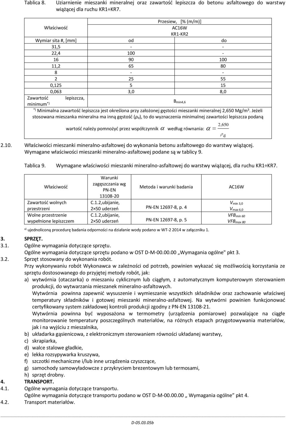 Minimalna zawartość lepiszcza jest określona przy założonej gęstości mieszanki mineralnej 2,650 Mg/m 3.