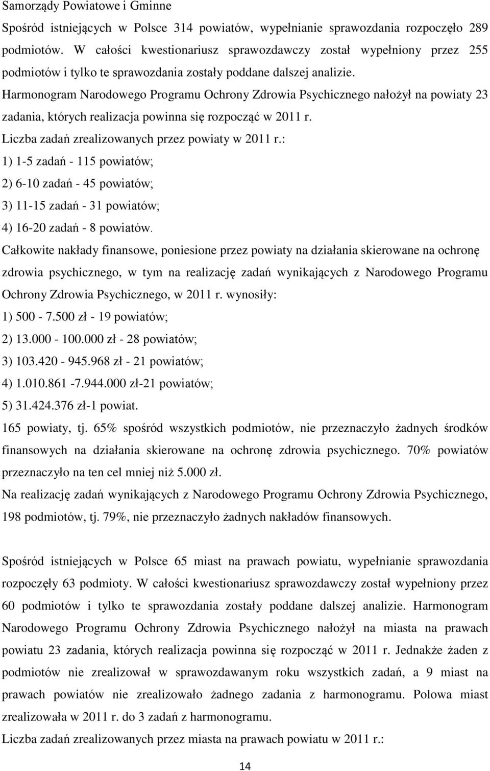 Harmonogram Narodowego Programu Ochrony Zdrowia Psychicznego nałożył na powiaty 23 zadania, których realizacja powinna się rozpocząć w 2011 r. Liczba zadań zrealizowanych przez powiaty w 2011 r.