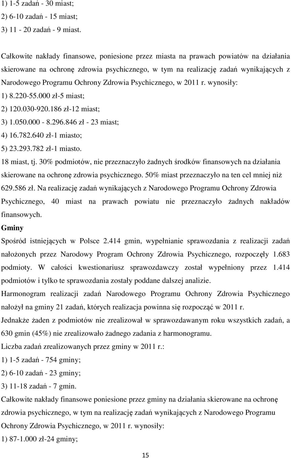 Zdrowia Psychicznego, w 2011 r. wynosiły: 1) 8.220-55.000 zł-5 miast; 2) 120.030-920.186 zł-12 miast; 3) 1.050.000-8.296.846 zł - 23 miast; 4) 16.782.640 zł-1 miasto; 5) 23.293.782 zł-1 miasto.