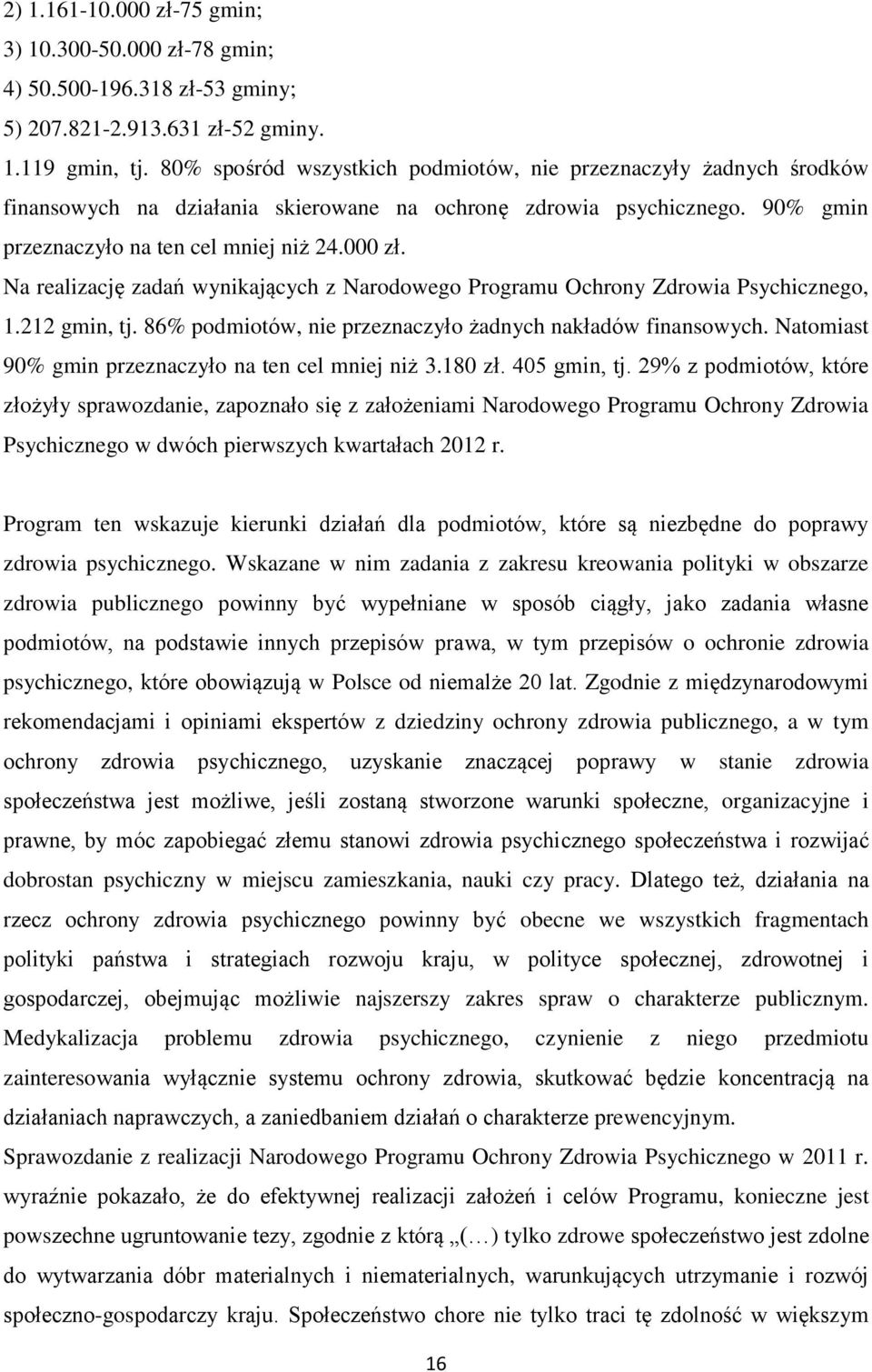 Na realizację zadań wynikających z Narodowego Programu Ochrony Zdrowia Psychicznego, 1.212 gmin, tj. 86% podmiotów, nie przeznaczyło żadnych nakładów finansowych.