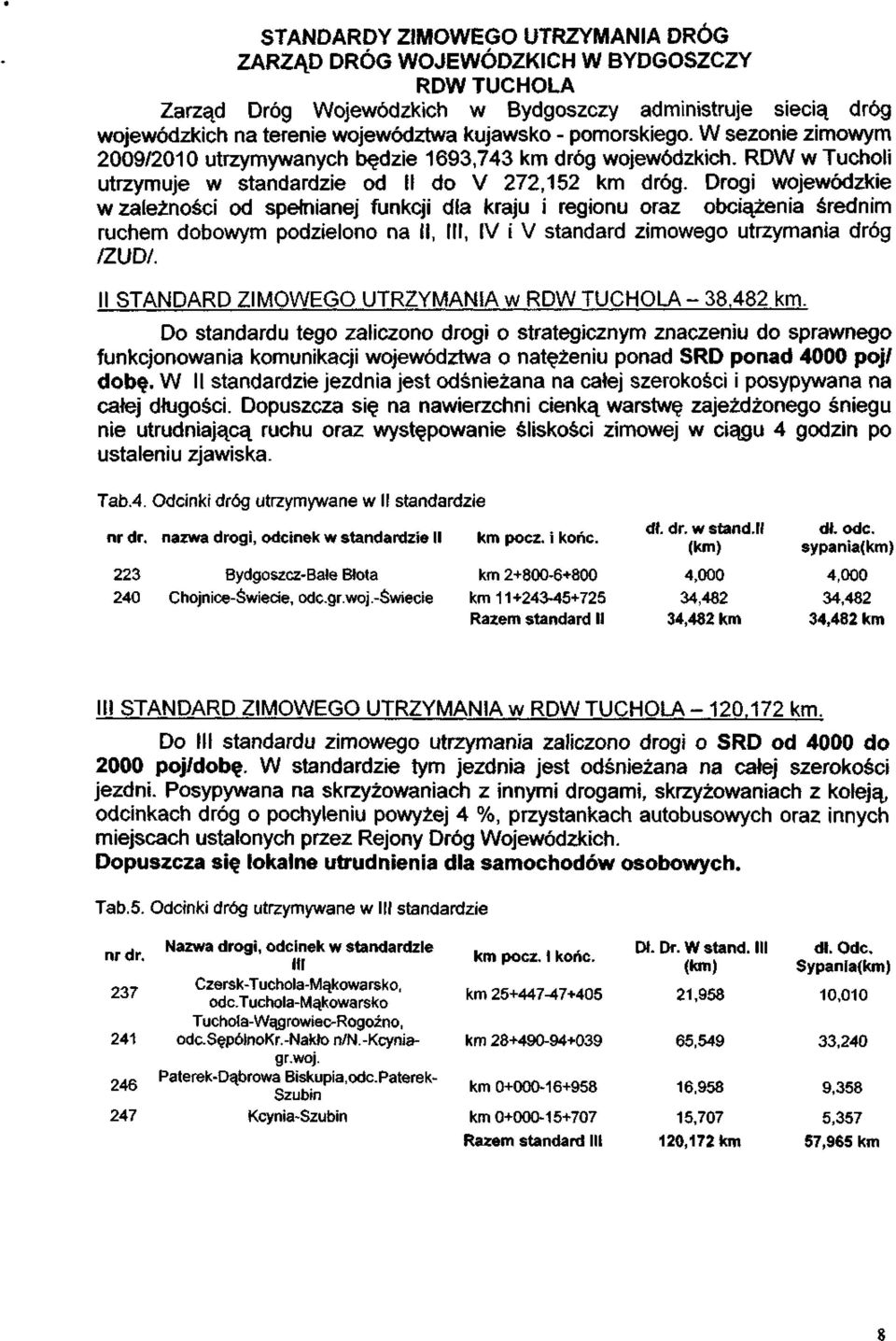 Drogi wojewódzkie w zależności od spełnianej funkcji dla kraju i regionu oraz obciążenia średnim ruchem dobowym podzielono na II, III, IV i V standard zimowego utrzymania dróg /ZUD/.