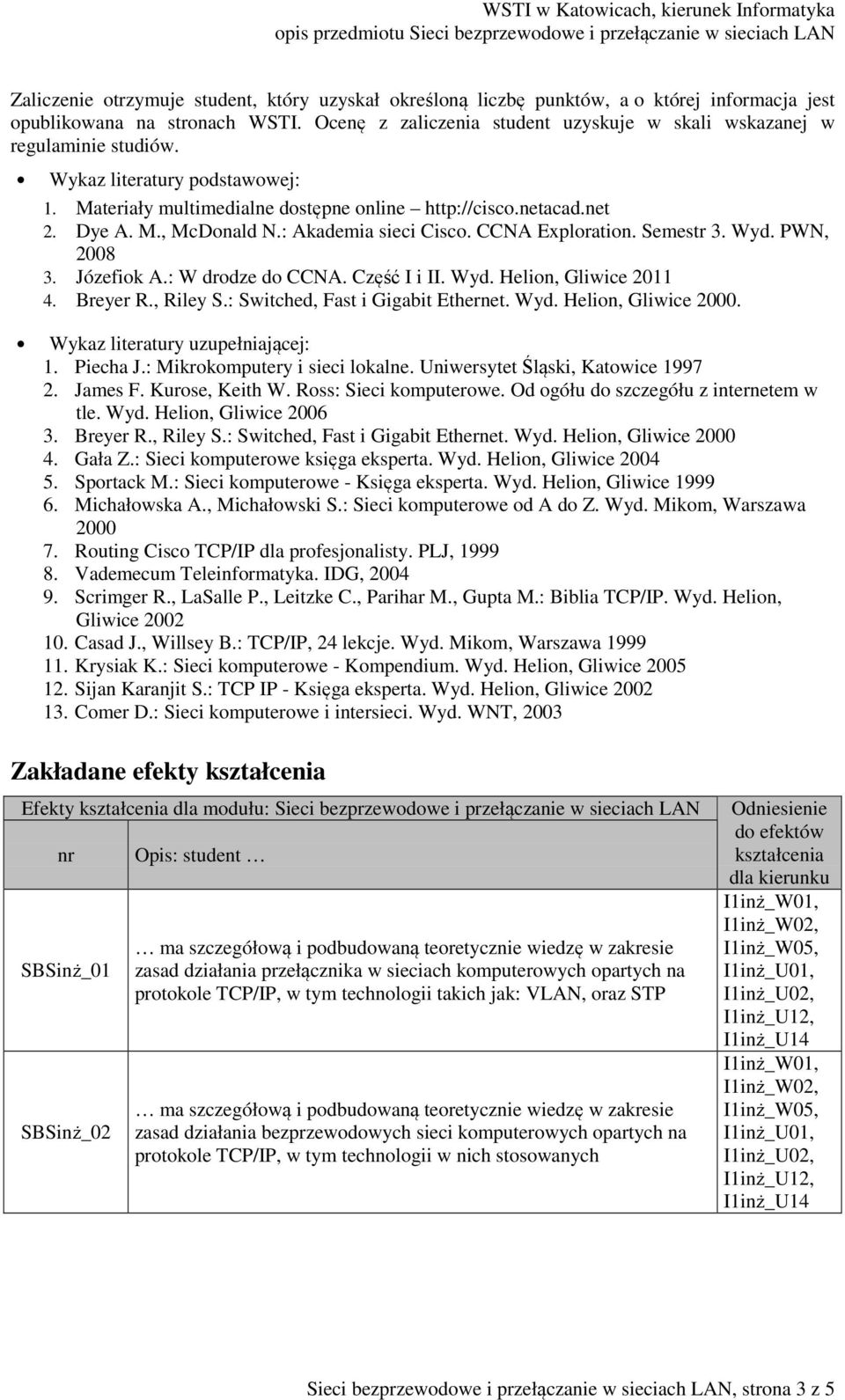 : Akademia sieci Cisco. CCNA Exploration. Semestr 3. Wyd. PWN, 2008 3. Józefiok A.: W drodze do CCNA. Część I i II. Wyd. Helion, Gliwice 2011 4. Breyer R., Riley S.: Switched, Fast i Gigabit Ethernet.