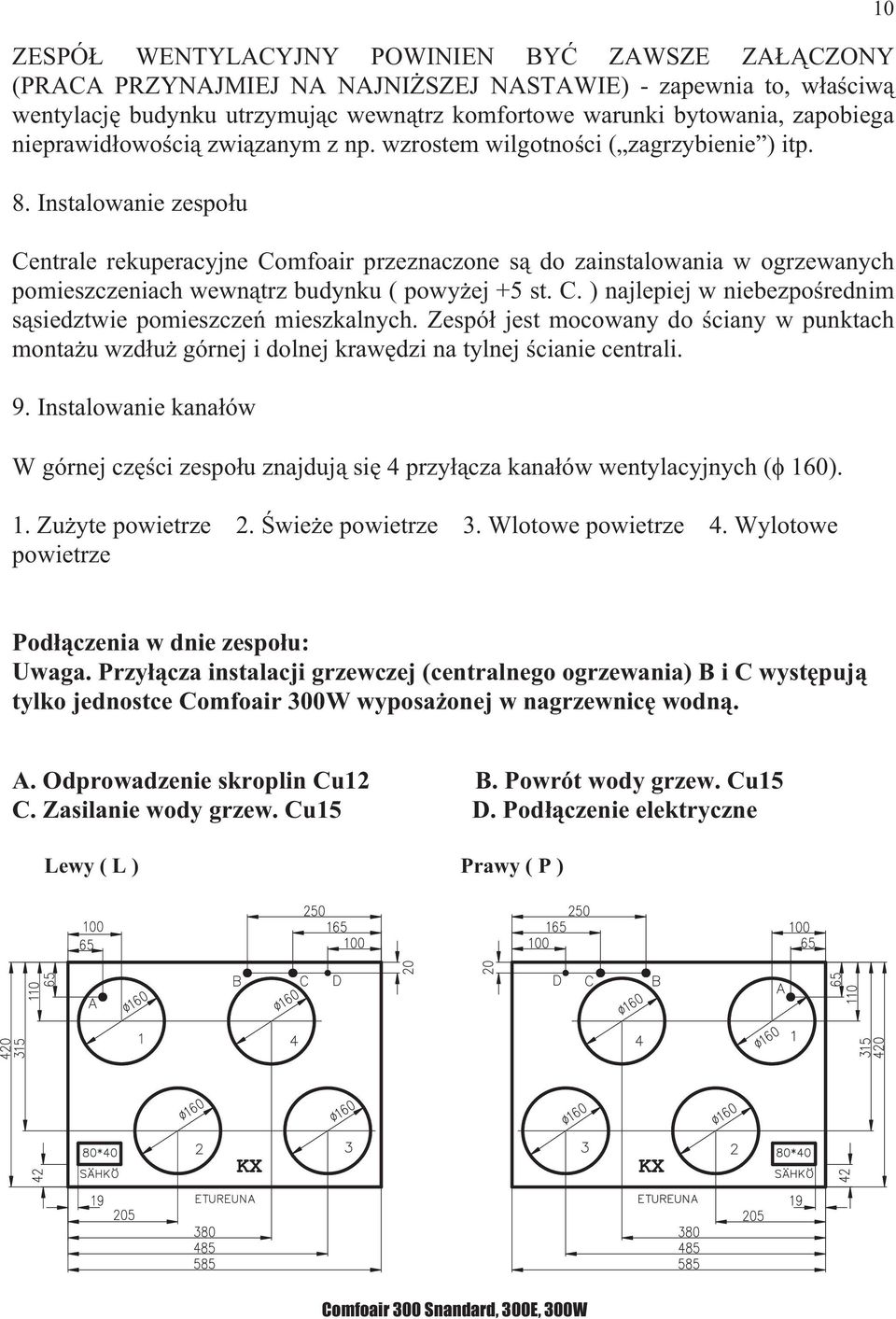 Instalowanie zespo u Centrale rekuperacyjne Comfoair przeznaczone s do zainstalowania w ogrzewanych pomieszczeniach wewn trz budynku ( powy ej +5 st. C. ) najlepiej w niebezpo rednim s siedztwie pomieszcze mieszkalnych.