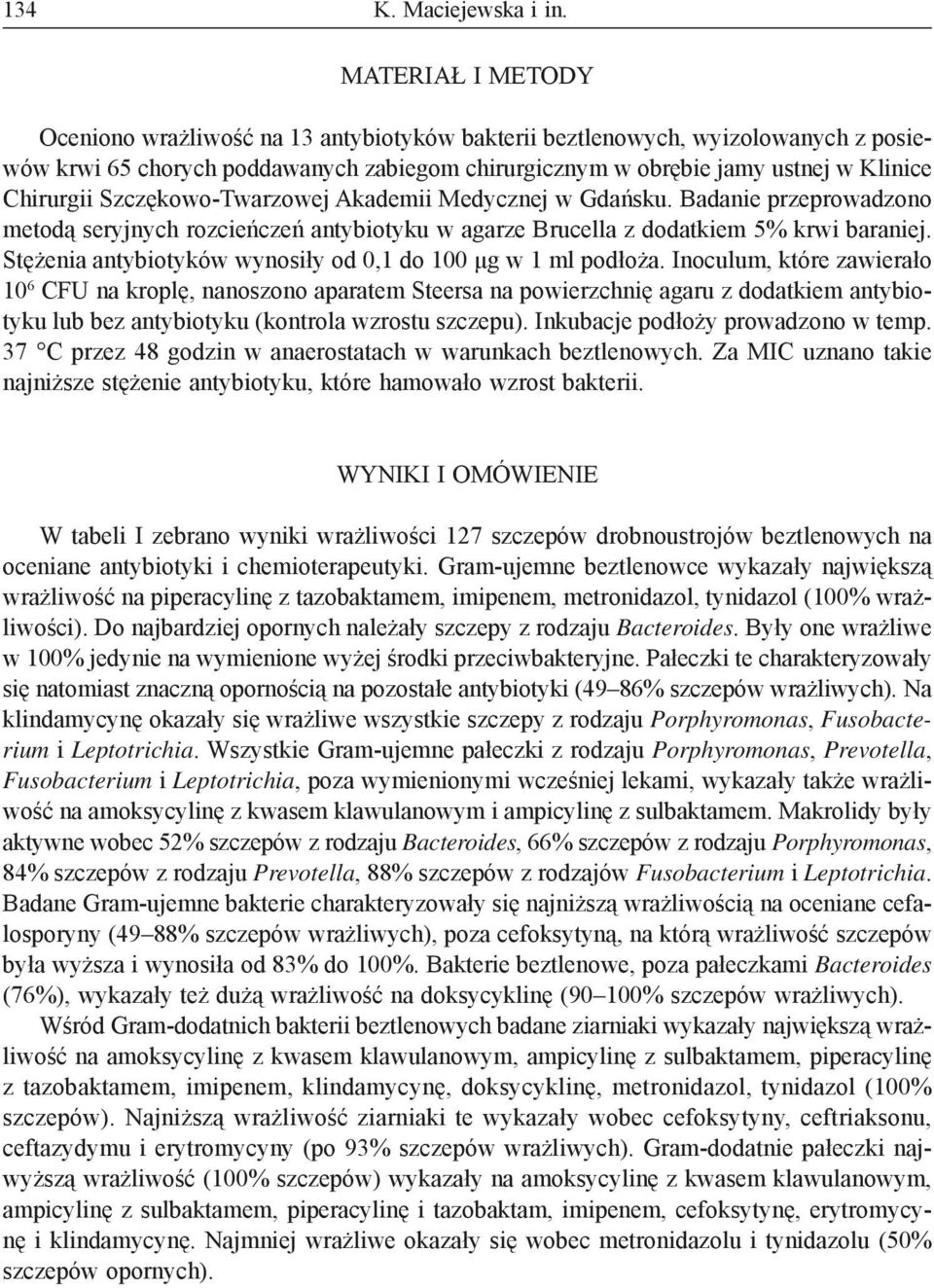 Szczękowo-Twarzowej Akademii Medycznej w Gdańsku. Badanie przeprowadzono metodą seryjnych rozcieńczeń antybiotyku w agarze Brucella z dodatkiem 5% krwi baraniej.