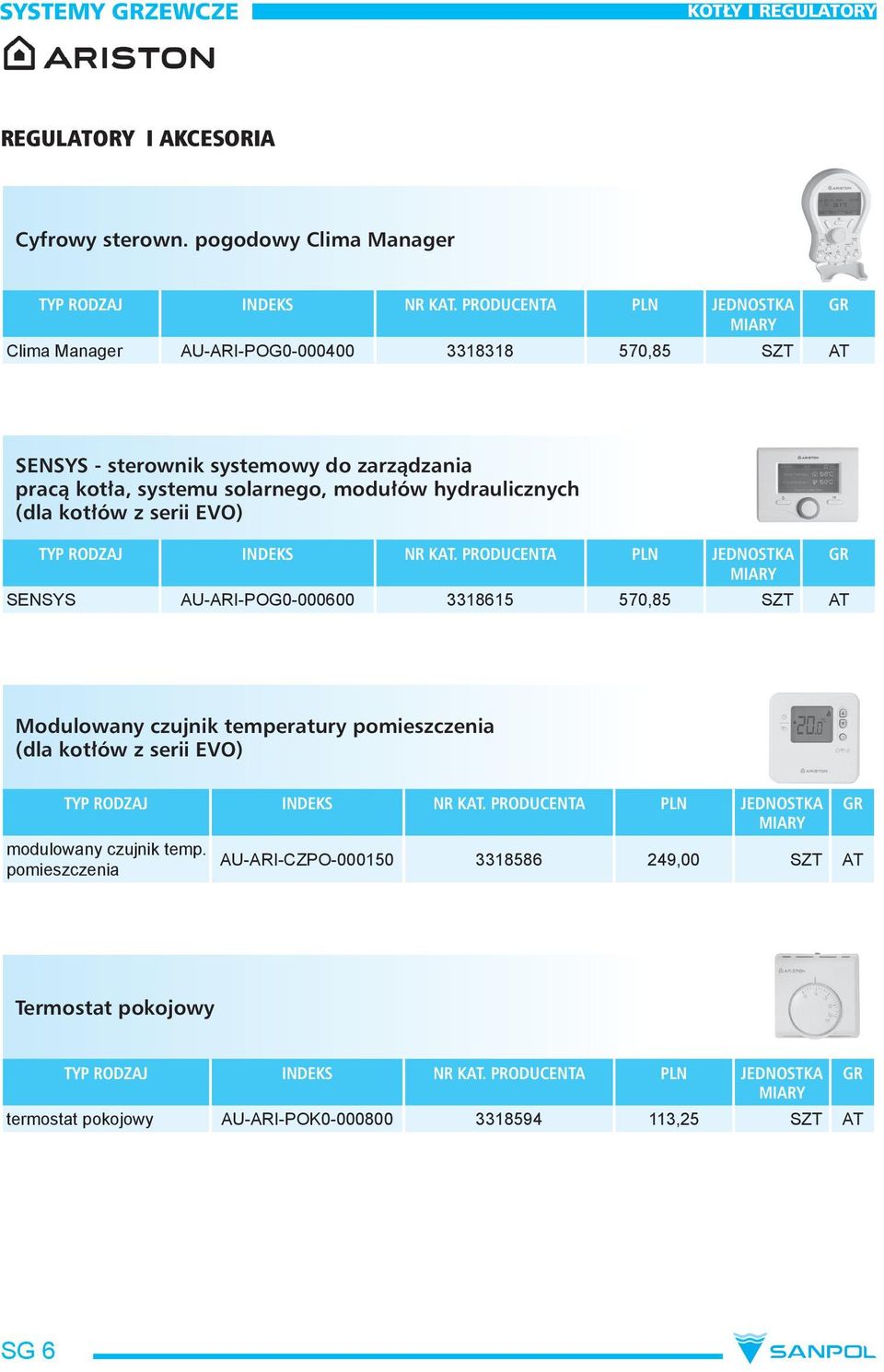 systemu solarnego, modułów hydraulicznych (dla kotłów z serii EVO) JEDNOSTKA SENSYS AU-ARI-POG0-000600 3318615 570,85 SZT AT Modulowany czujnik