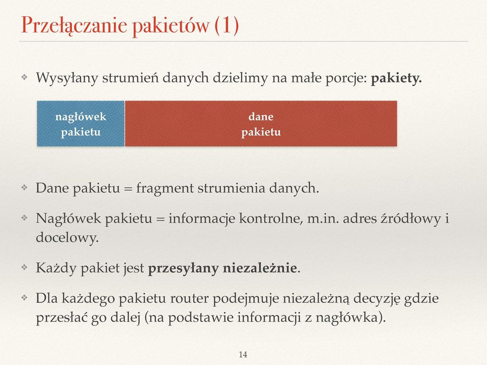 Nagłówek pakietu = informacje kontrolne, m.in. adres źródłowy i docelowy.