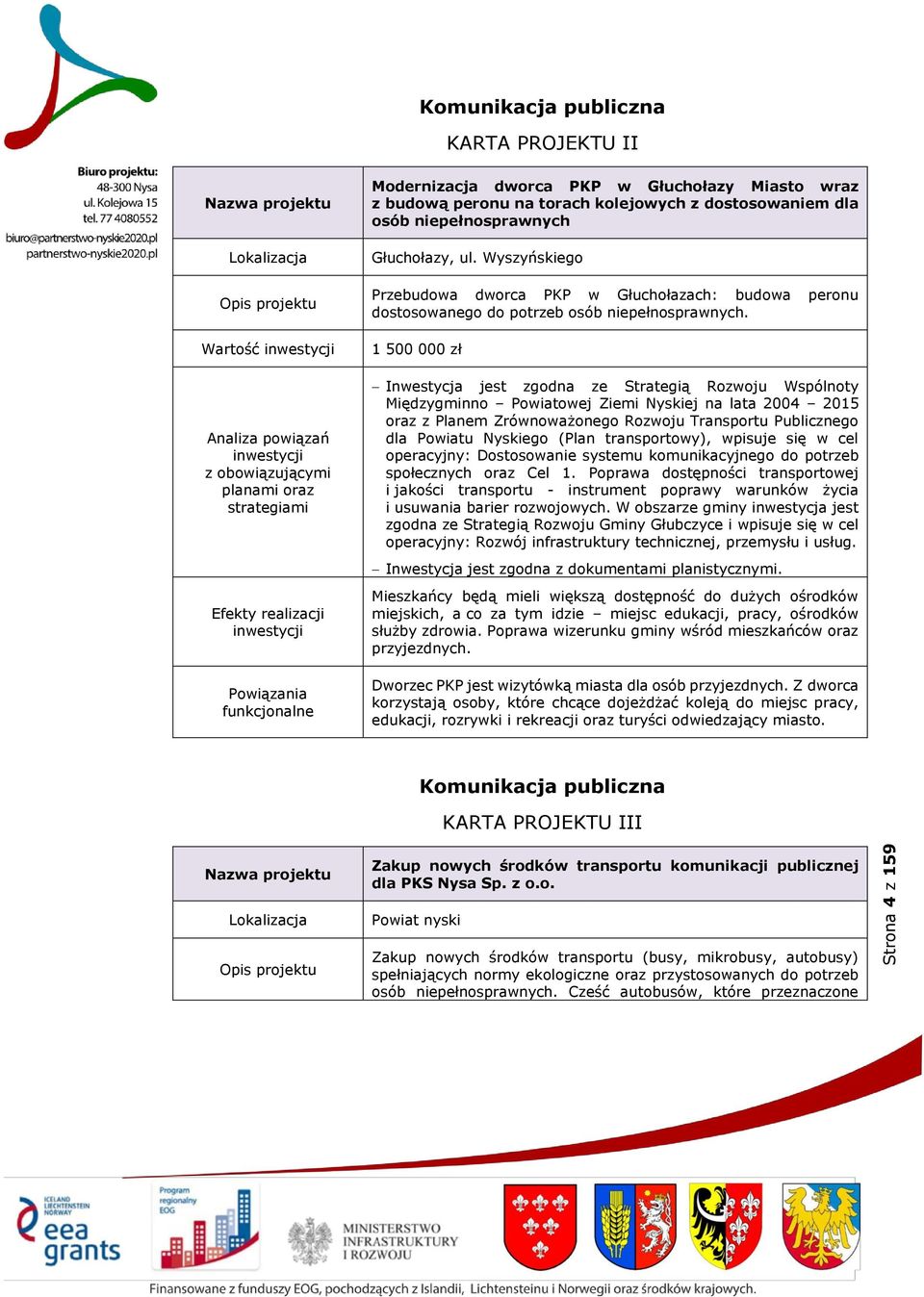 1 500 000 zł Inwestycja jest zgodna ze Strategią Rozwoju Wspólnoty Międzygminno Powiatowej Ziemi Nyskiej na lata 2004 2015 oraz z Planem Zrównoważonego Rozwoju Transportu Publicznego dla Powiatu