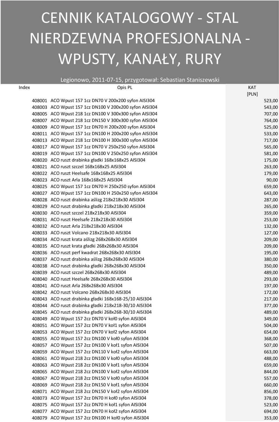 764,00 408009 ACO Wpust 157 1cz DN70 H 200x200 syfon AISI304 525,00 408011 ACO Wpust 157 1cz DN100 H 200x200 syfon AISI304 533,00 408013 ACO Wpust 218 1cz DN100 H 300x300 syfon AISI304 717,00 408017