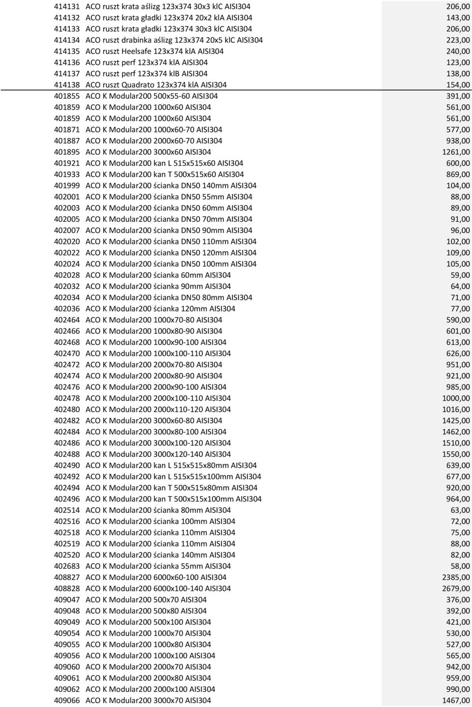 138,00 414138 ACO ruszt Quadrato 123x374 kla AISI304 154,00 401855 ACO K Modular200 500x55-60 AISI304 391,00 401859 ACO K Modular200 1000x60 AISI304 561,00 401859 ACO K Modular200 1000x60 AISI304