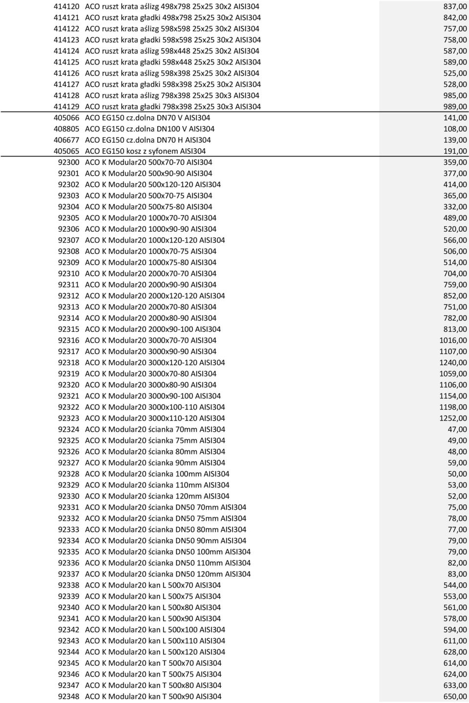 ruszt krata aślizg 598x398 25x25 30x2 AISI304 525,00 414127 ACO ruszt krata gładki 598x398 25x25 30x2 AISI304 528,00 414128 ACO ruszt krata aślizg 798x398 25x25 30x3 AISI304 985,00 414129 ACO ruszt