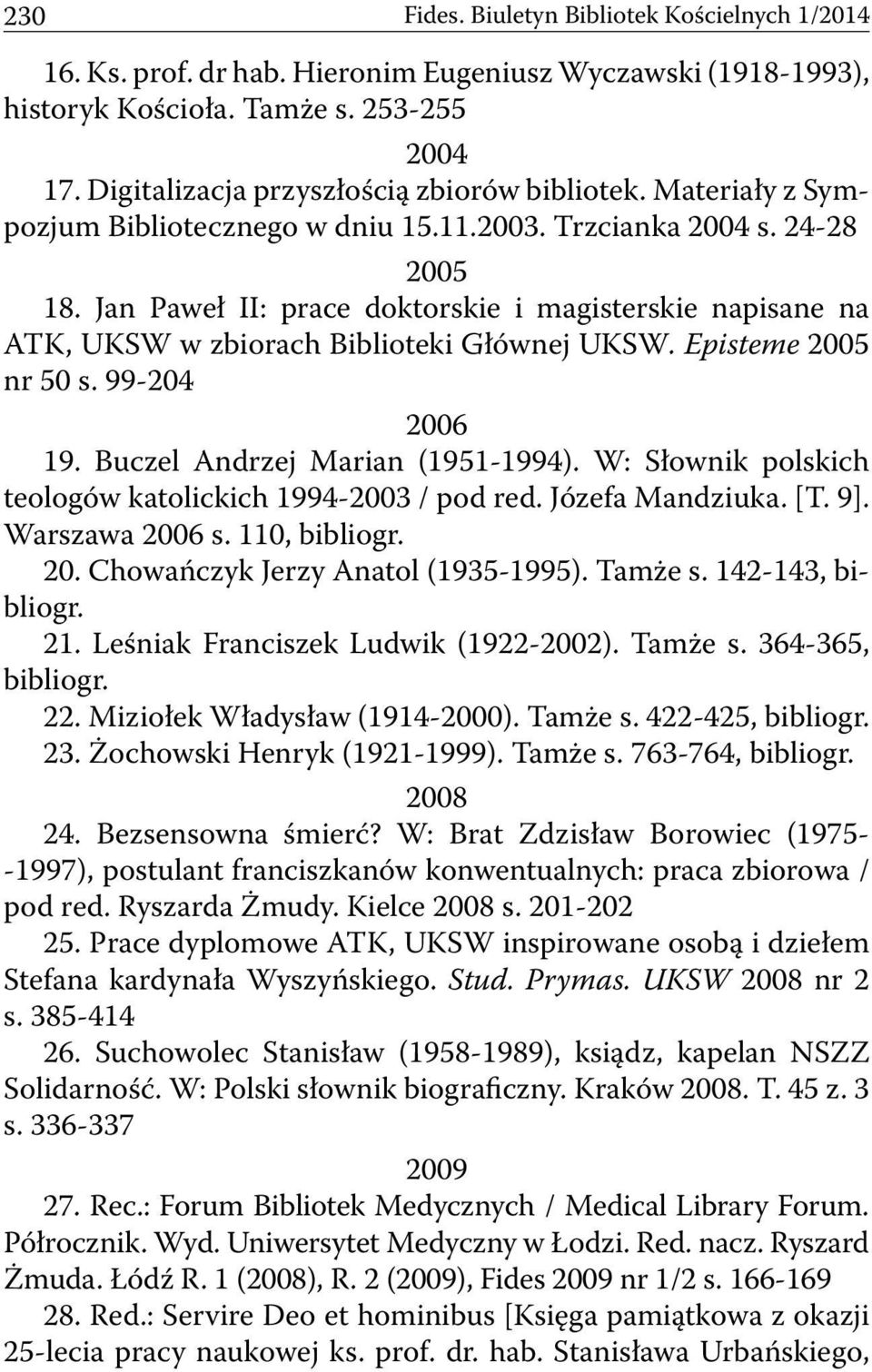 Jan Paweł II: prace doktorskie i magisterskie napisane na ATK, UKSW w zbiorach Biblioteki Głównej UKSW. Episteme 2005 nr 50 s. 99-204 2006 19. Buczel Andrzej Marian (1951-1994).