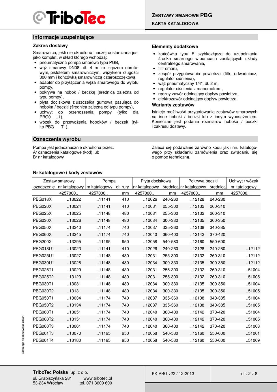 (średnica zależna od typu pompy), płyta dociskowa z uszczelką gumową pasująca do hoboka / beczki (średnica zależna od typu pompy), uchwyt do przenoszenia pompy (tylko dla PBG0 U1), wózek do