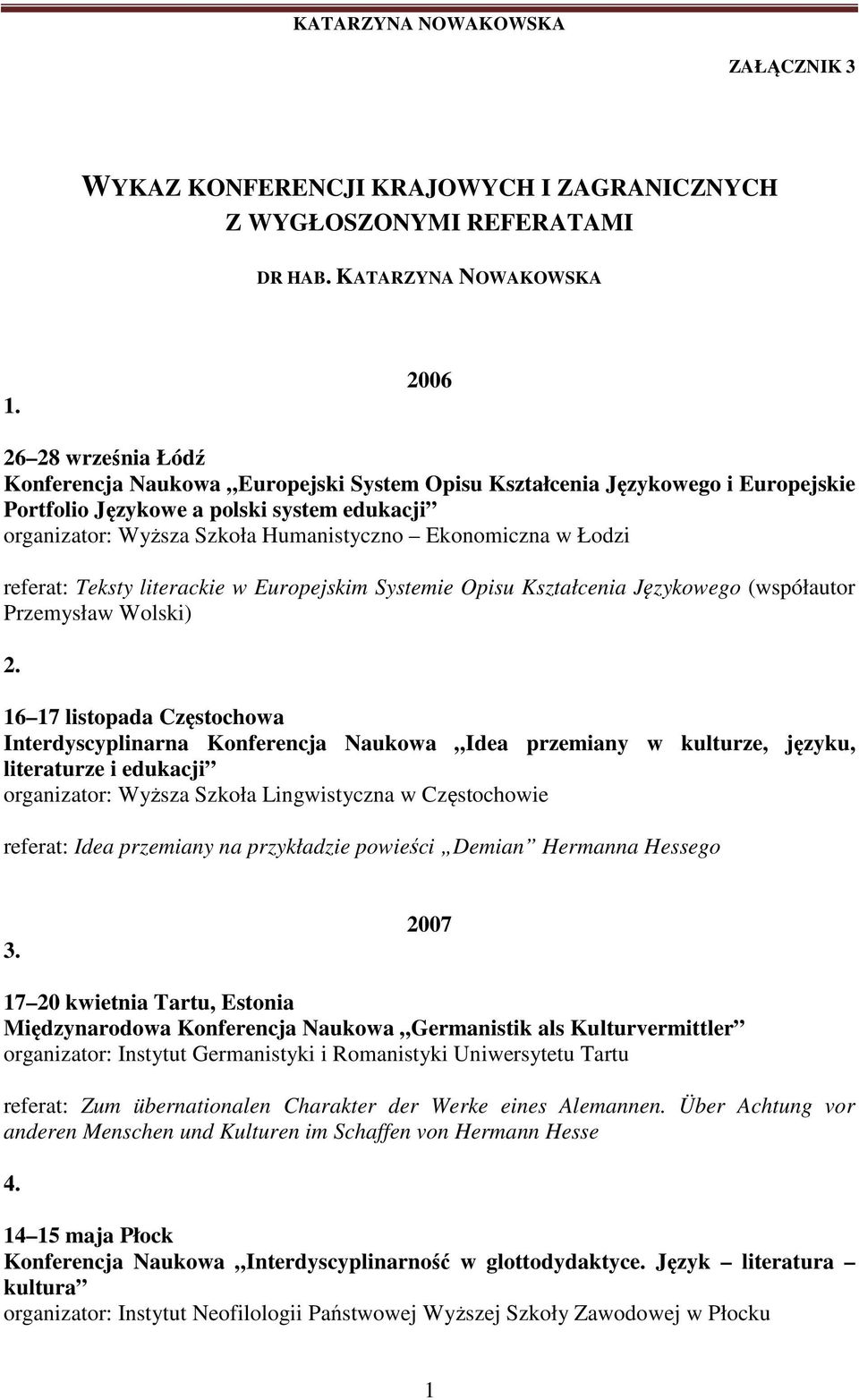 Ekonomiczna w Łodzi referat: Teksty literackie w Europejskim Systemie Opisu Kształcenia Językowego (współautor Przemysław Wolski) 2.