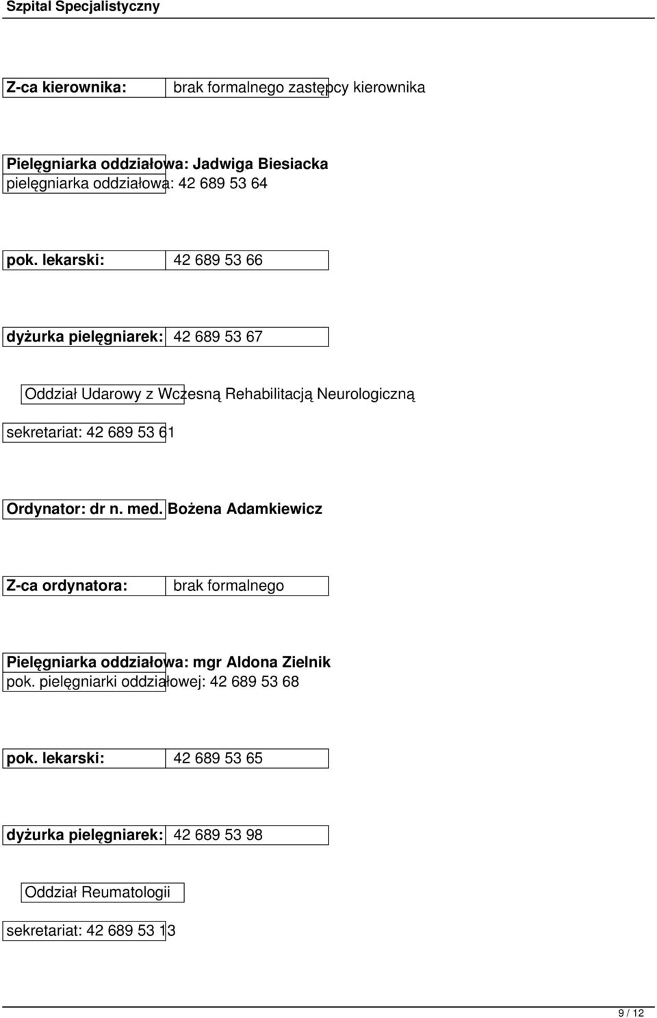 Ordynator: dr n. med. Bożena Adamkiewicz Z-ca ordynatora: brak formalnego Pielęgniarka oddziałowa: mgr Aldona Zielnik pok.