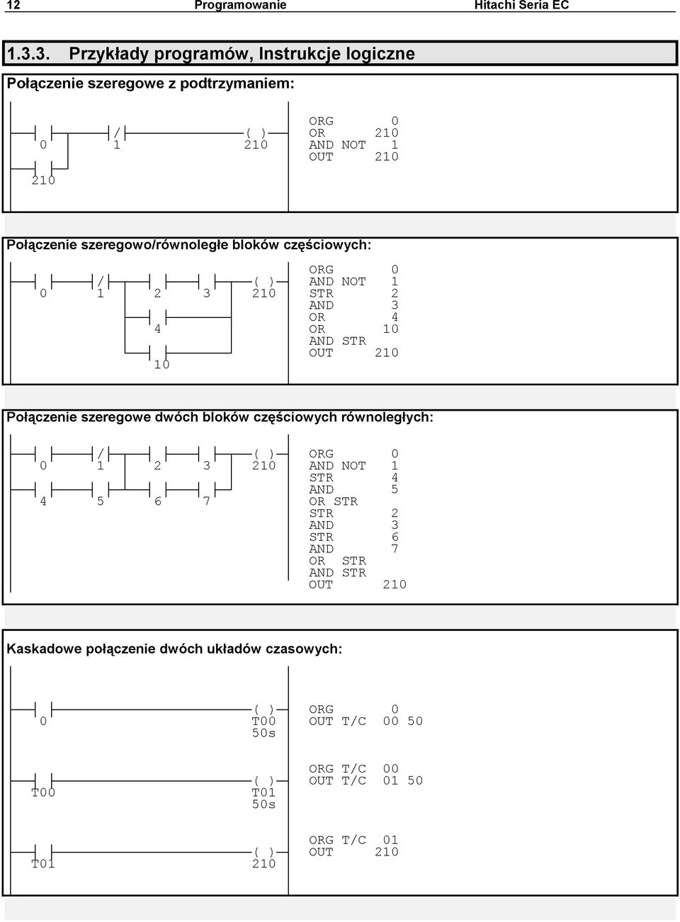 szeregowo/równoległe bloków częściowych: ORG 0 / ( ) AND NOT 1 0 1 2 3 210 STR 2 AND 3 OR 4 4 OR 10 AND STR OUT 210 10 Połączenie szeregowe dwóch bloków