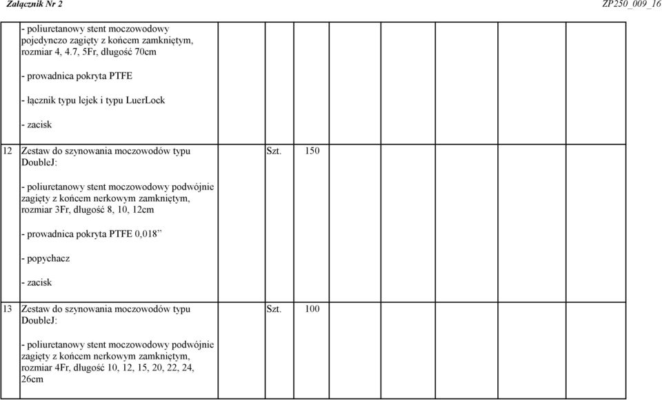 150 - poliuretanowy stent moczowodowy podwójnie zagięty z końcem nerkowym zamkniętym, rozmiar 3Fr, długość 8, 10, 12cm - prowadnica pokryta PTFE