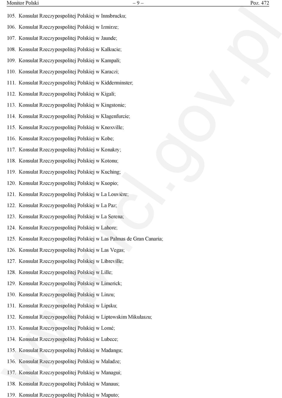 Konsulat Rzeczypospolitej Polskiej w Kidderminster; 112. Konsulat Rzeczypospolitej Polskiej w Kigali; 113. Konsulat Rzeczypospolitej Polskiej w Kingstonie; 114.