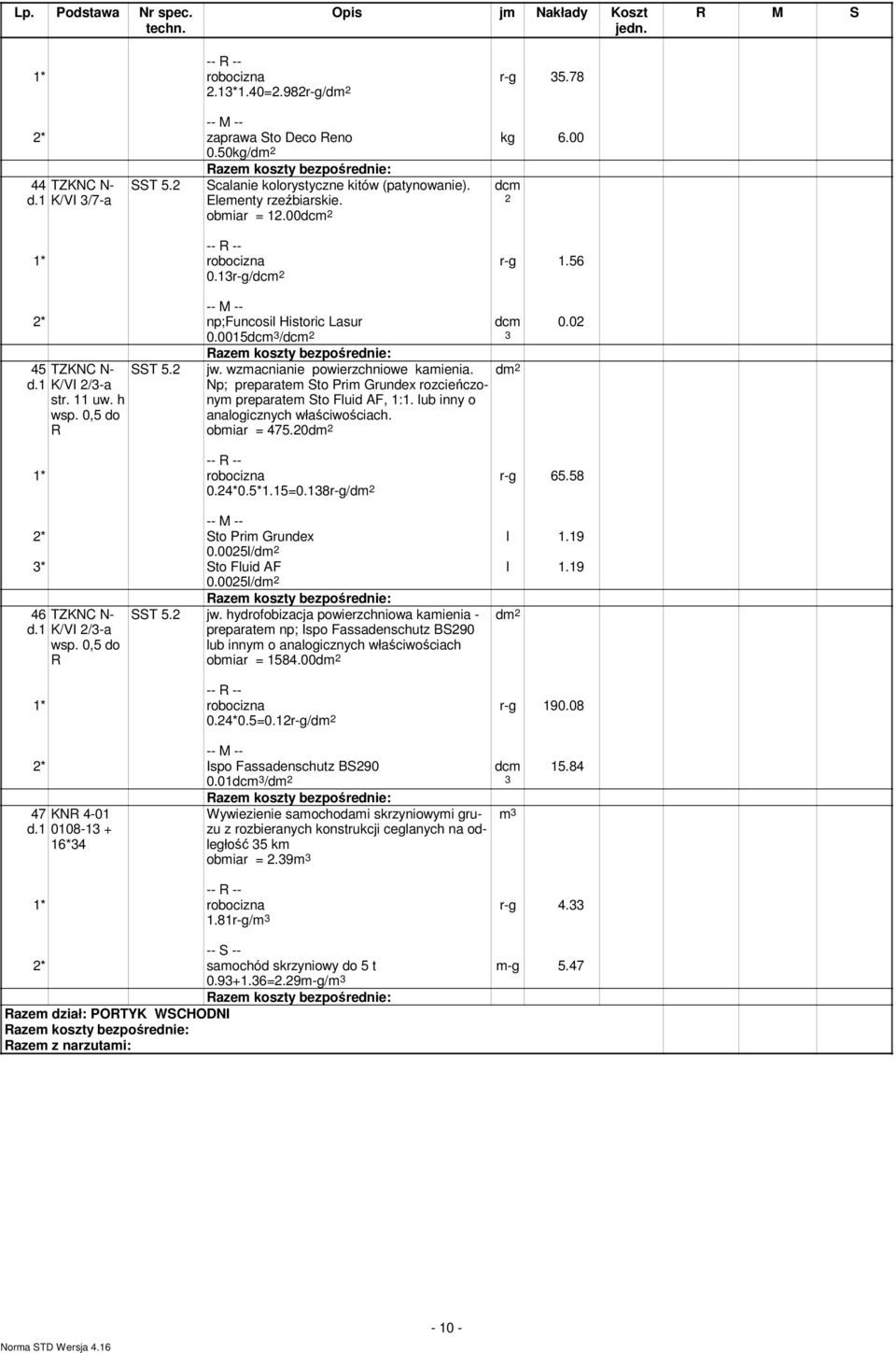 Np; preparatem Sto Prim Grundex rozcieńczonym preparatem Sto Fluid AF, 1:1. lub inny o analogicznych obmiar = 475.20 0.02 0.24*0.5*1.15=0.138r-g/ r-g 65.58 2* Sto Prim Grundex l 1.19 0.