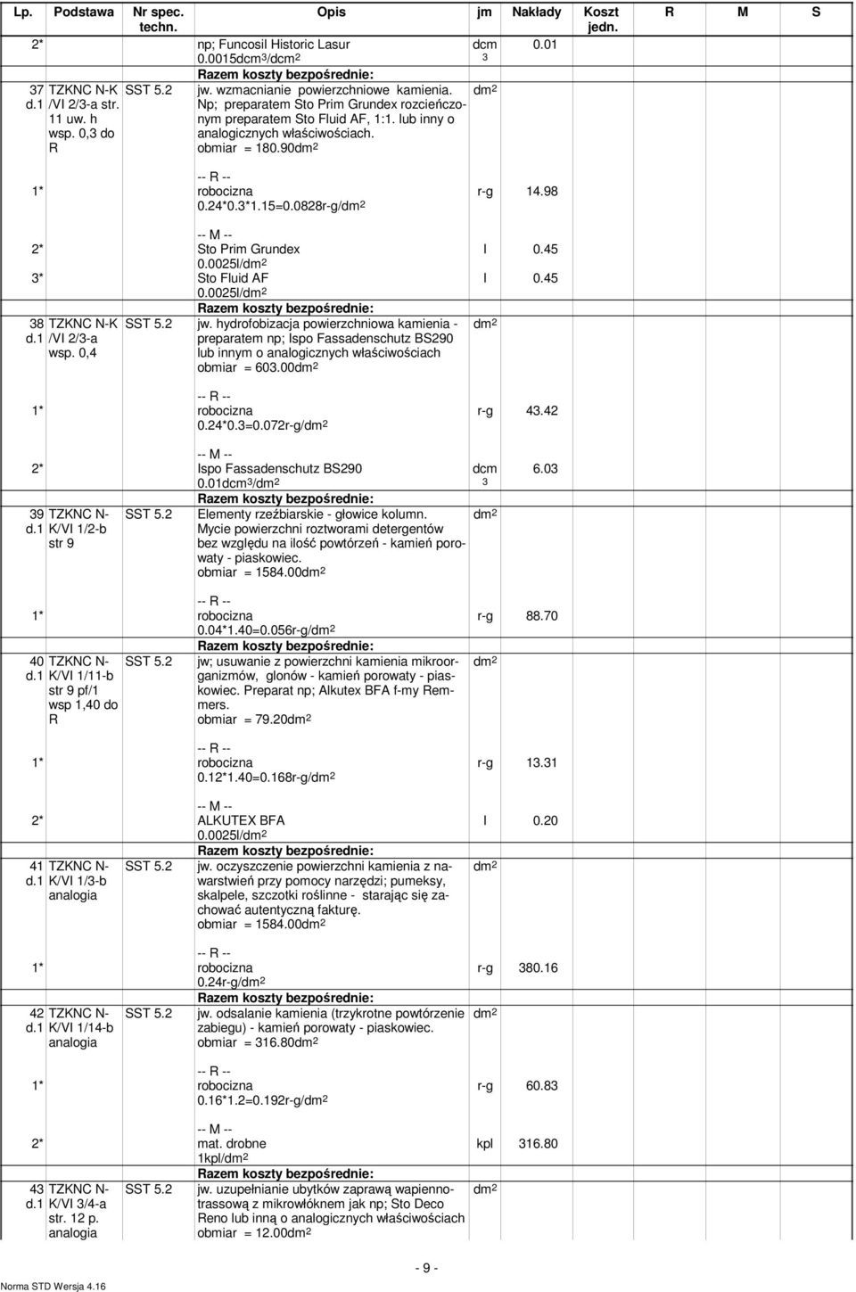 0,4 jw. hydrofobizacja powierzchniowa kamienia - preparatem np; Ispo Fassadenschutz BS290 lub innym o analogicznych właściwościach obmiar = 603.00 0.24*0.3=0.072r-g/ r-g 43.