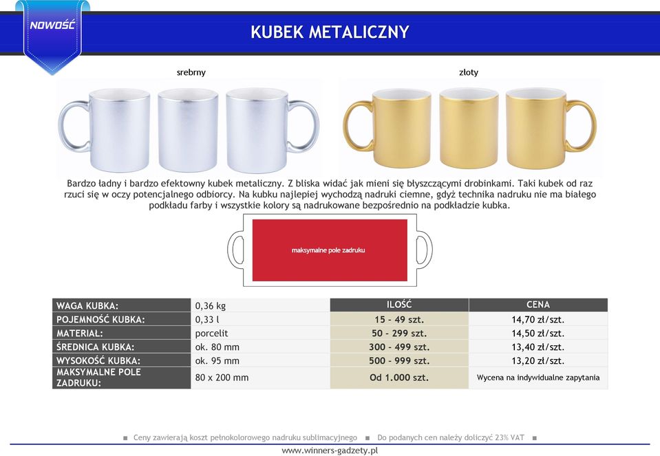 Na kubku najlepiej wychodzą nadruki ciemne, gdyż technika nadruku nie ma białego podkładu farby i wszystkie kolory są nadrukowane bezpośrednio na podkładzie