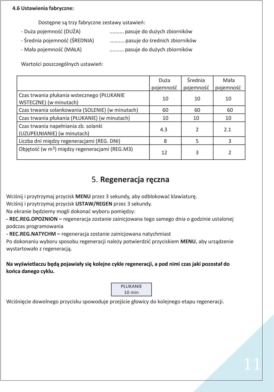 .. pasuje do dużych zbiorników Wartości poszczególnych ustawieo: Duża pojemnośd Średnia pojemnośd Mała pojemnośd Czas trwania płukania wstecznego (PŁUKANIE WSTECZNE) (w minutach) 10 10 10 Czas