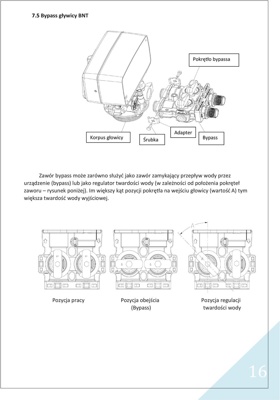 The bigger Zawór bypass może zarówno służyd jako zawór zamykający przepływ wody przez angle (value A), the higher water hardness in hardness adjustment position.