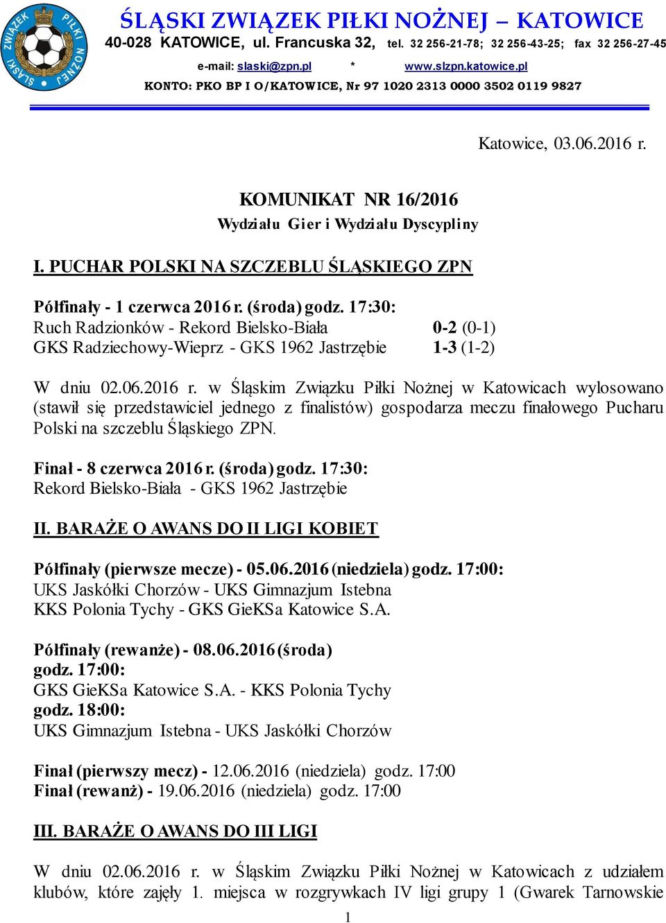 PUCHAR POLSKI NA SZCZEBLU ŚLĄSKIEGO ZPN Półfinały - 1 czerwca 2016 r. (środa) godz.