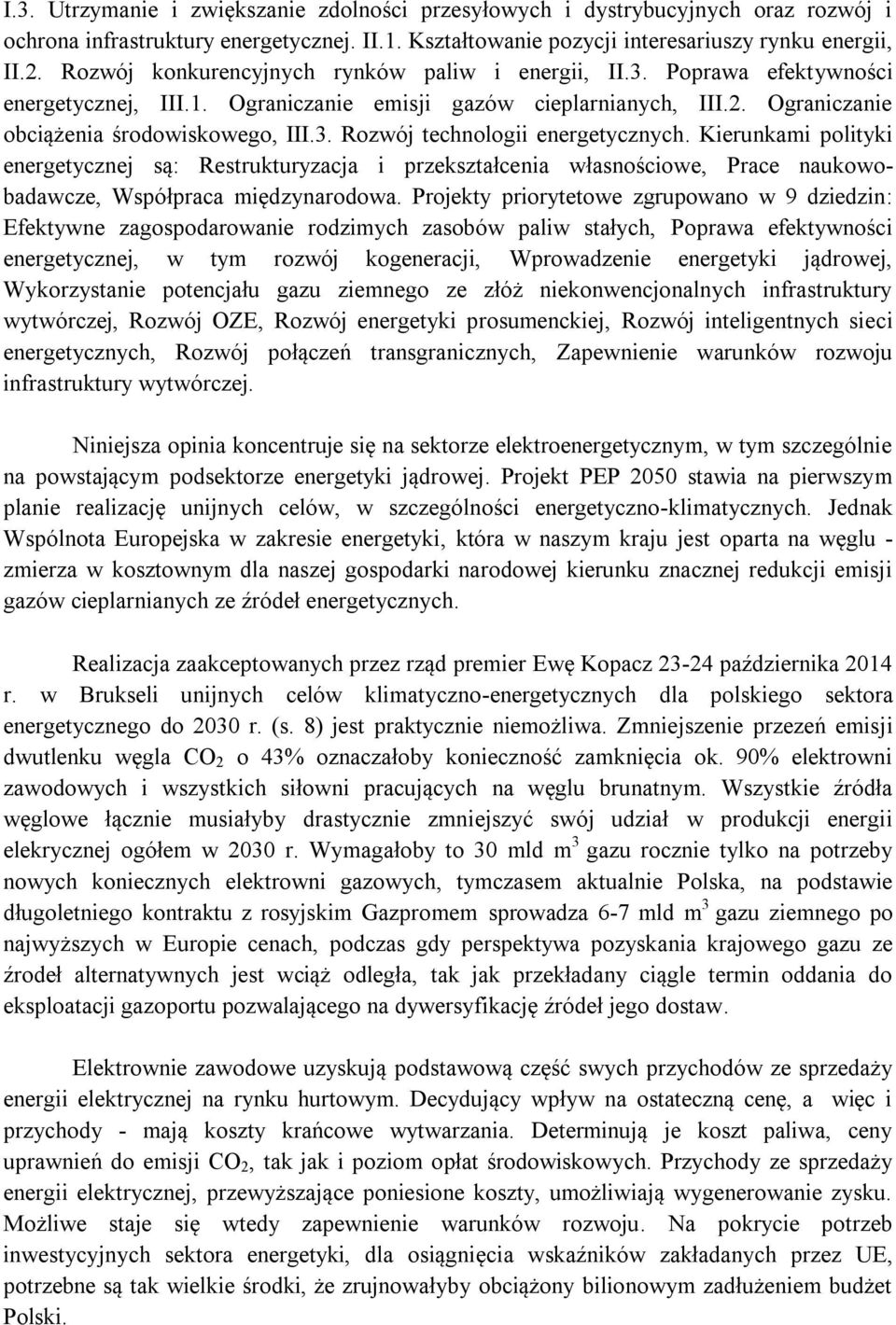 Kierunkami polityki energetycznej są: Restrukturyzacja i przekształcenia własnościowe, Prace naukowobadawcze, Współpraca międzynarodowa.