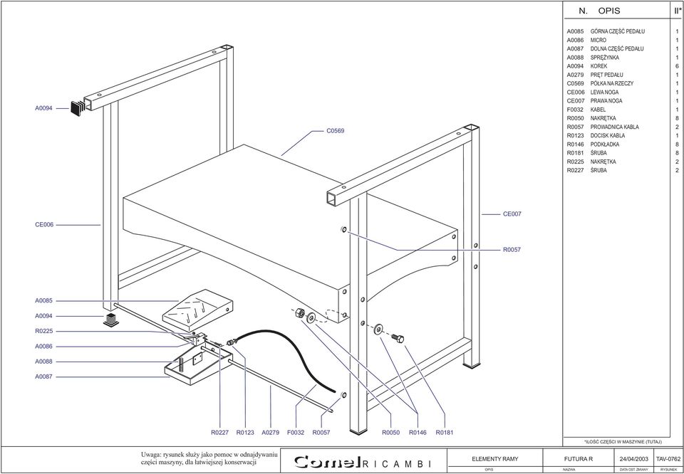 A0085 A009 R05 A0086 A0088 A0087 R07 R0 A079 F00 R0050 R06 R08 * ILOŚĆ CZĘŚCI W MASZYNIE ( TUTAJ) Uwaga: rysunek służy jako pomoc w