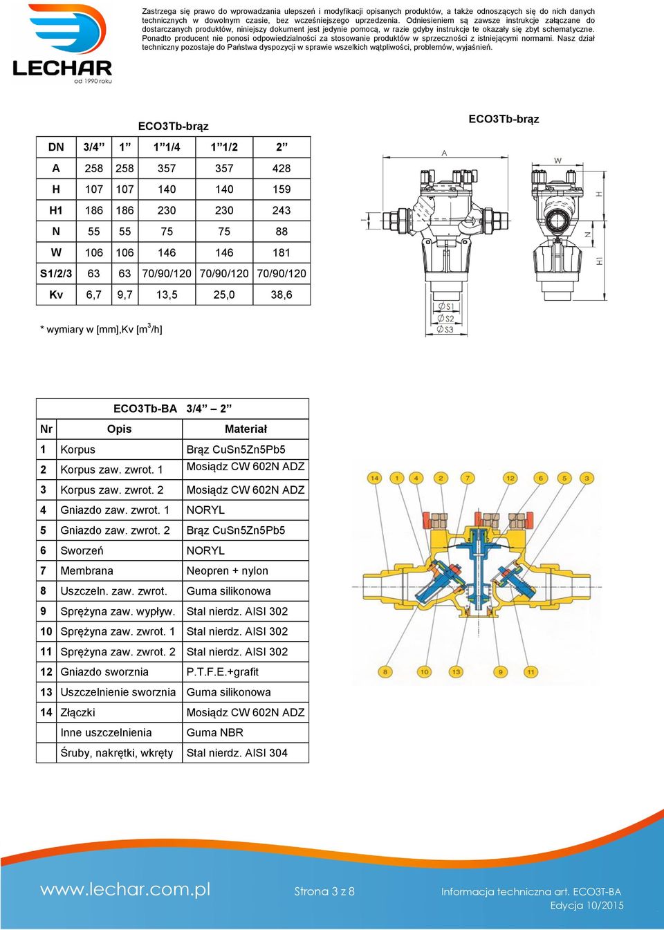 zwrot. 1 NORYL 5 Gniazdo zaw. zwrot. 2 Brąz CuSn5Zn5Pb5 6 Sworzeń NORYL 7 Membrana Neopren + nylon 8 Uszczeln. zaw. zwrot. Guma silikonowa 9 Sprężyna zaw. wypływ. Stal nierdz.