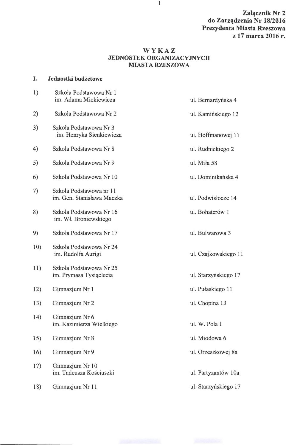 Kamińskiego 12 Szkoła Podstawowa Nr 3 im. Henryka Sienkiewicza ul. Hoffmanowej 11 Szkoła Podstawowa Nr 8 ul. Rudnickiego 2 Szkoła Podstawowa Nr 9 ul. Miła 58 Szkoła Podstawowa Nr 1 O ul.