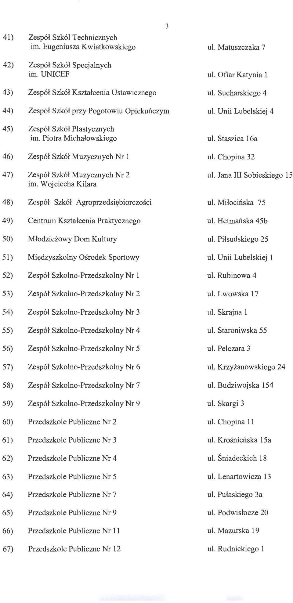 Chopina 32 47) Zespół Szkół Muzycznych Nr 2 ul. Jana III Sobieskiego 15 im. W oj ciecha Kilara 48) Zespół Szkół Agroprzedsiębiorczości ul. Miłocińska 75 49) Centrum Kształcenia Praktycznego ul.