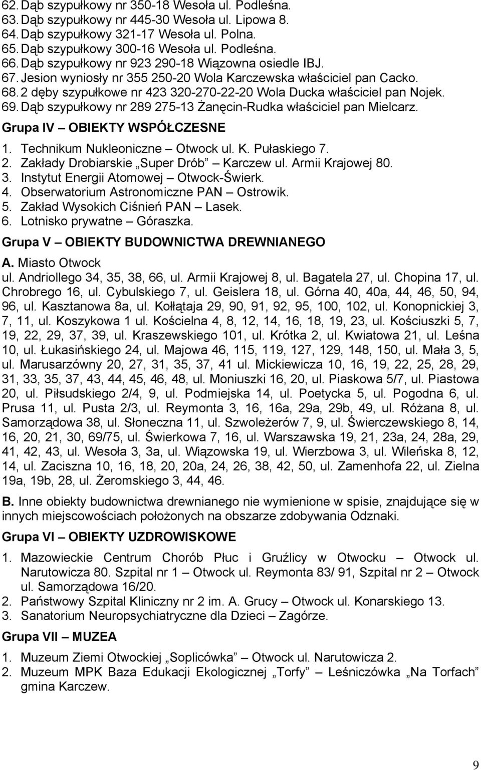 69. Dąb szypułkowy nr 289 275-13 Żanęcin-Rudka właściciel pan Mielcarz. Grupa IV OBIEKTY WSPÓŁCZESNE 1. Technikum Nukleoniczne Otwock ul. K. Pułaskiego 7. 2. Zakłady Drobiarskie Super Drób Karczew ul.