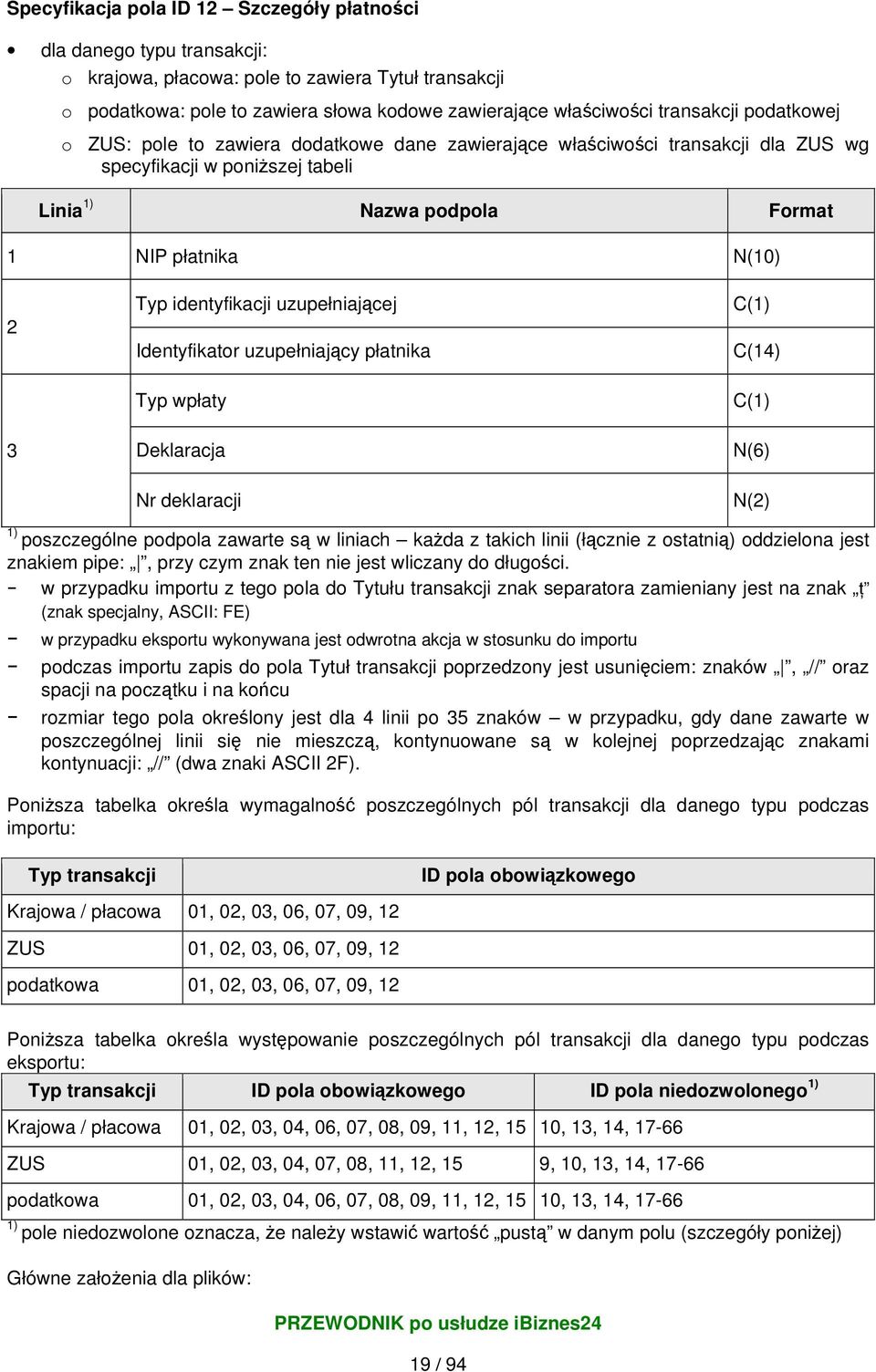 identyfikacji uzupełniającej Identyfikator uzupełniający płatnika Typ wpłaty Deklaracja Nr deklaracji C(1) C(14) C(1) N(6) N(2) 1) poszczególne podpola zawarte są w liniach każda z takich linii