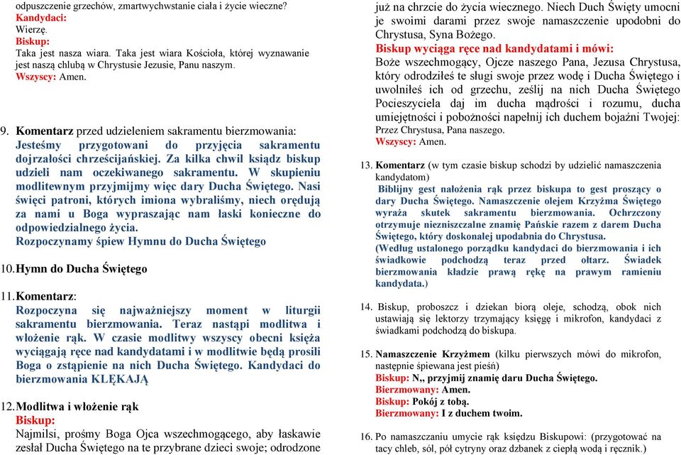 W skupieniu modlitewnym przyjmijmy więc dary Ducha Świętego. Nasi święci patroni, których imiona wybraliśmy, niech orędują za nami u Boga wypraszając nam łaski konieczne do odpowiedzialnego życia.