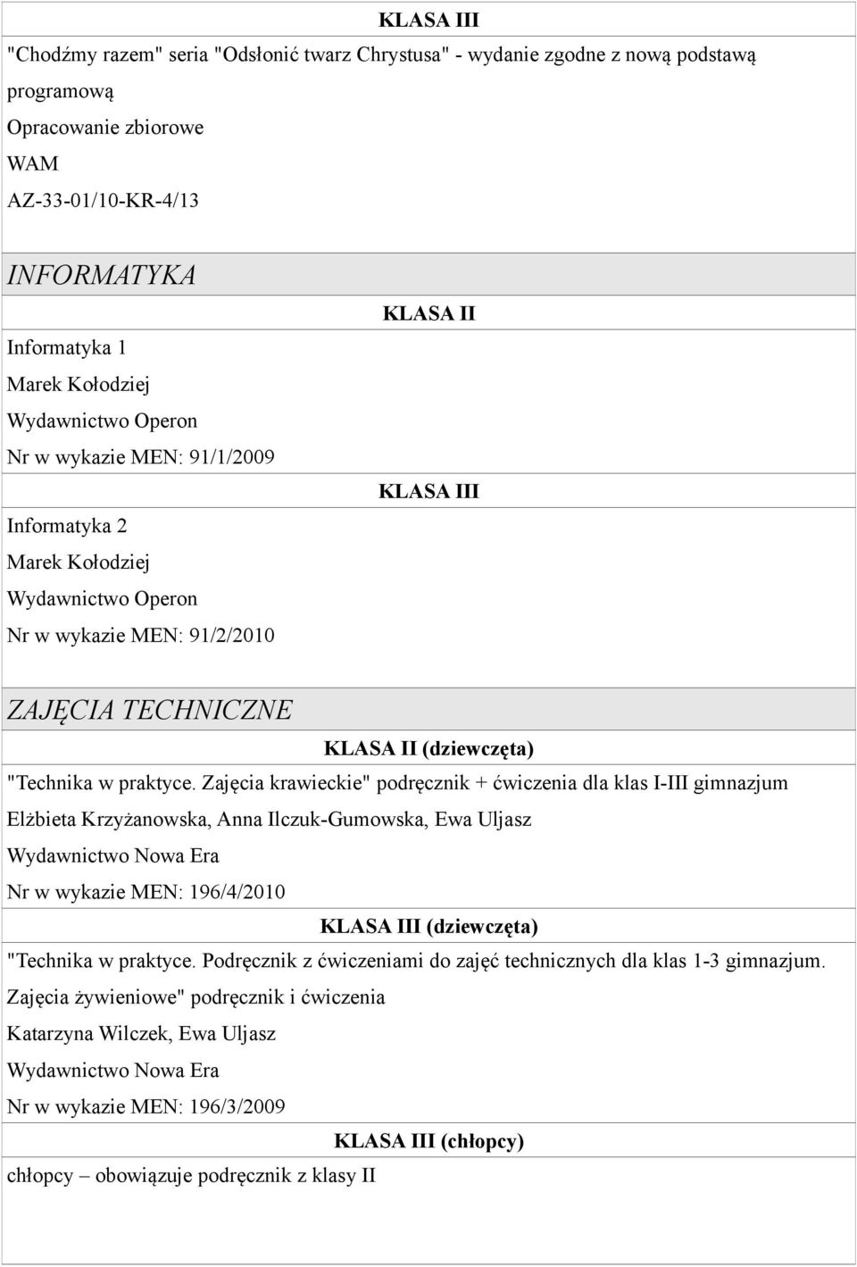 Zajęcia krawieckie" podręcznik + ćwiczenia dla klas I-III gimnazjum Elżbieta Krzyżanowska, Anna Ilczuk-Gumowska, Ewa Uljasz Nr w wykazie MEN: 196/4/2010 I (dziewczęta) "Technika w praktyce.